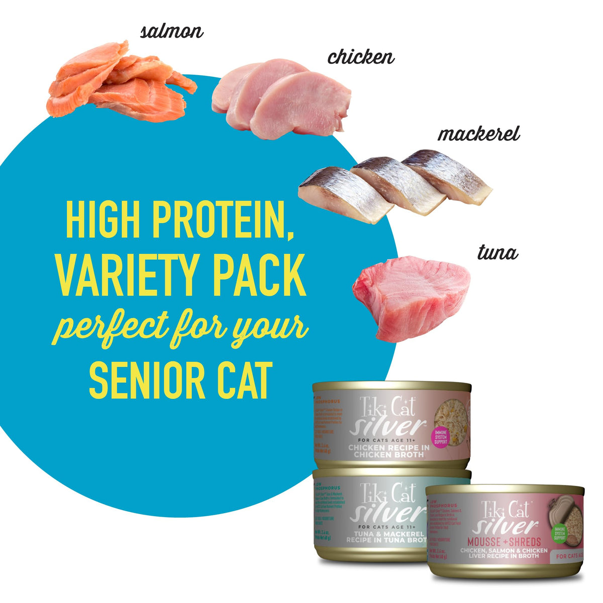Tiki Cat Silver Wet Cat Food, Variety Pack, Senior, 2.4 oz. Cans, 12 Count