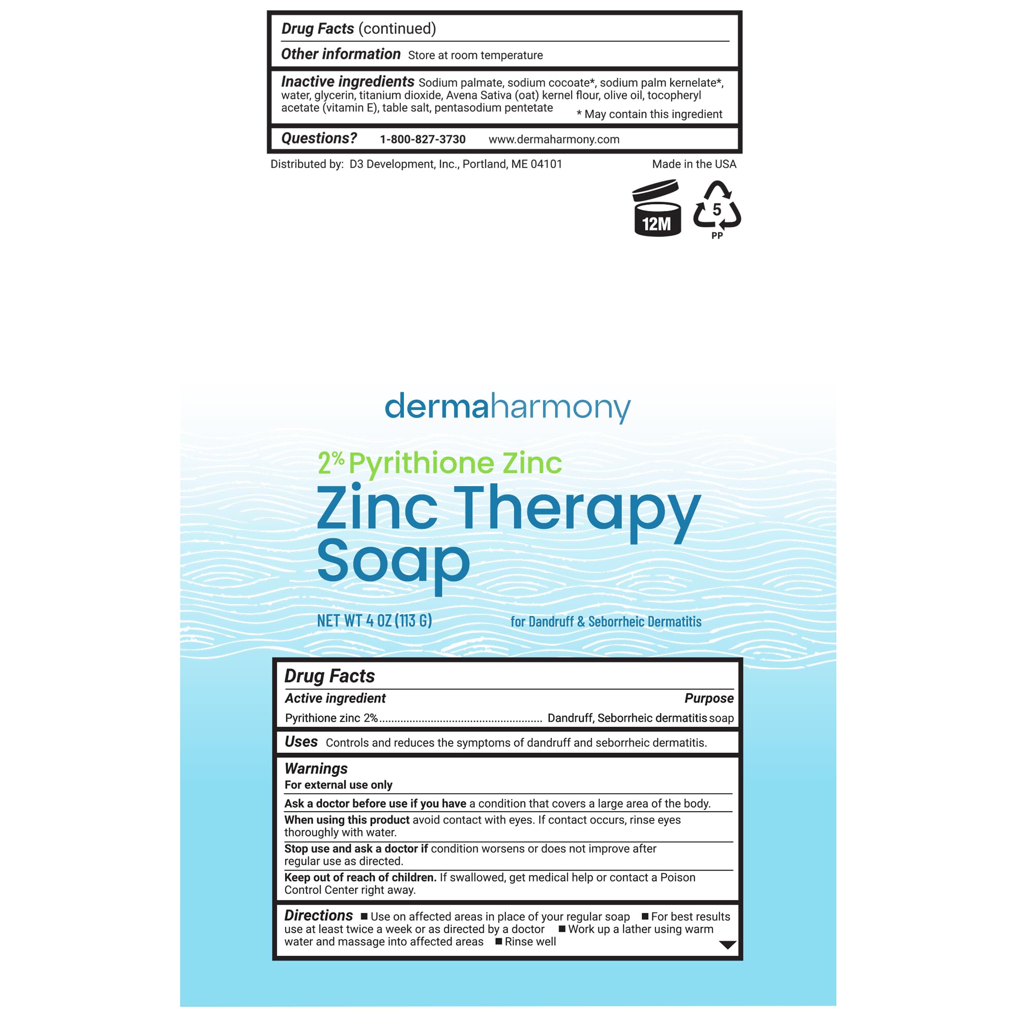 Dermaharmony 2% Pyrithione Zinc (ZnP) Bar Soap 4 oz - Crafted for Those with Skin Conditions - Seborrheic Dermatitis, Dandruff, Psoriasis, Eczema, etc.