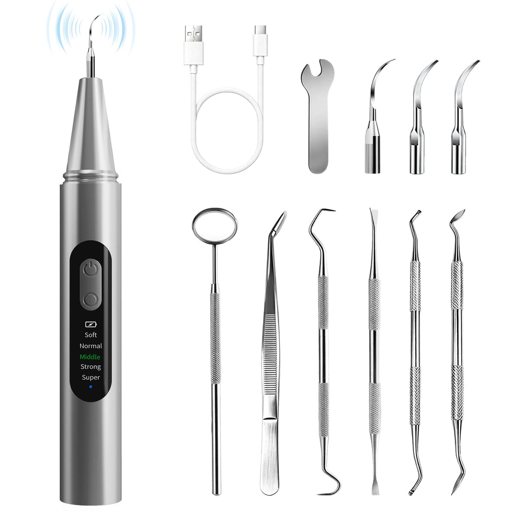 Plaque Remover for Teeth - Teeth Cleaning Kit Tartar Remover for Teeth with LED Light & 5 Adjustable Modes, USB C Rechargeable, 4 Replaceable Heads&6 Dental Tools, IPX7 Waterproof for Home Use