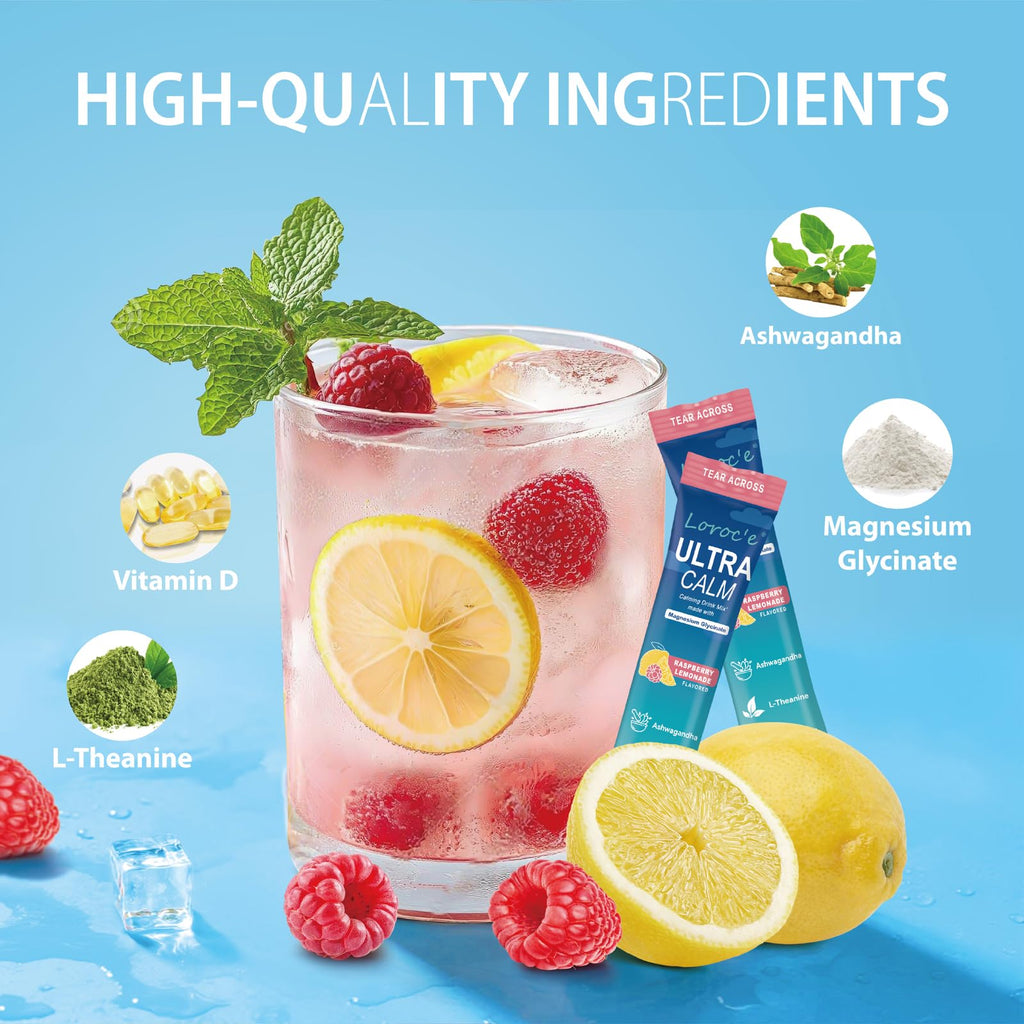 UltraCalm Super Cortisol Drink Mix - Raspberry Lemonade (2 x 30 Packets) | with Ashwagandha, Magnesium Glycinate & L-Theanine Supplement - Sleep and Relaxation Support
