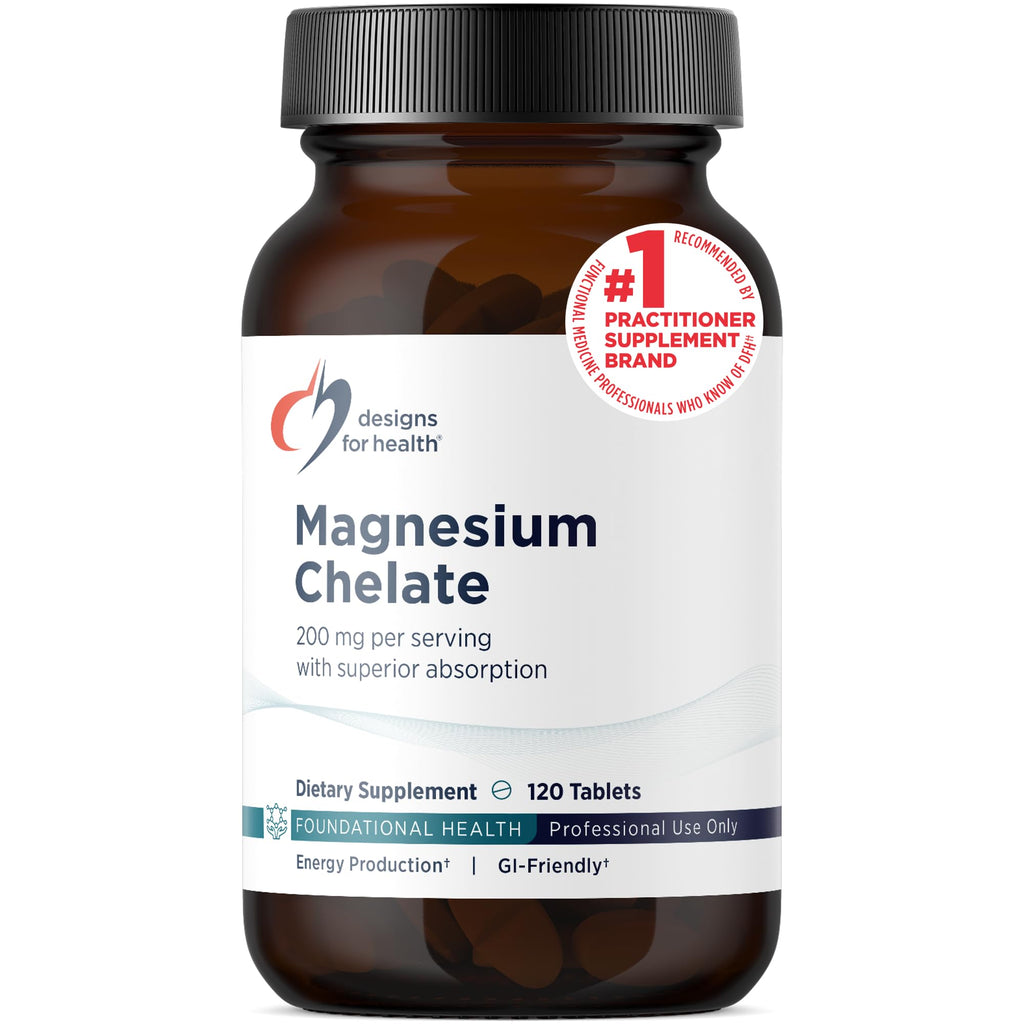 Designs for Health Magnesium Chelate Tablets - 200mg Magnesium Bisglycinate Chelate - Non-GMO Supplement Designed to be Easier on the Stomach (120 Tablets)