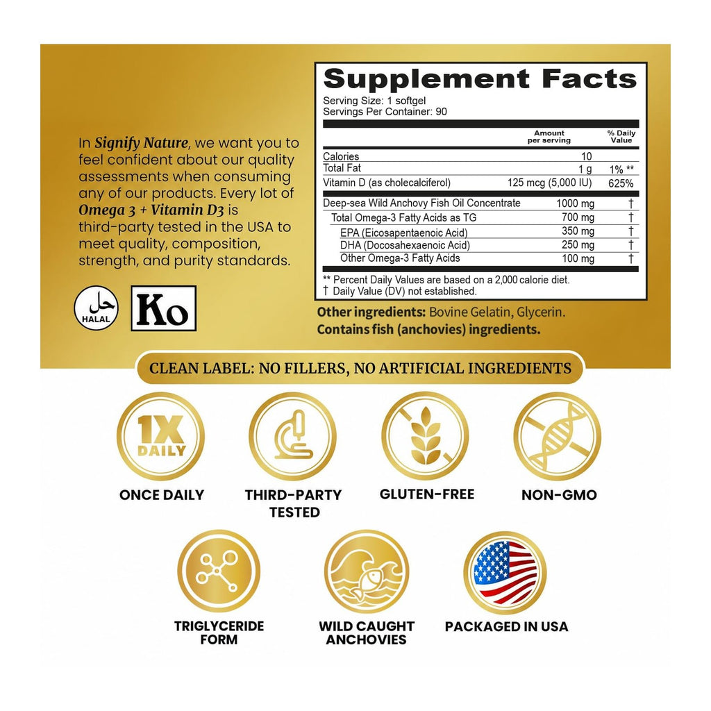 SIGNIFY NATURE Omega-3 + D3 Fish Oil 1000mg / Vitamin D3 5000IU 90 Softgels