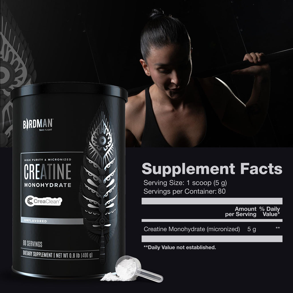 BIRDMAN Micronized Creatine Monohydrate Powder, Muscle Recovery, Caffeine Free, Creatine Pre Workout, Vegan, Post Workout, Gluten Free, Sugar Free | 80 Servings (5 Grams Each) | 0.8lb