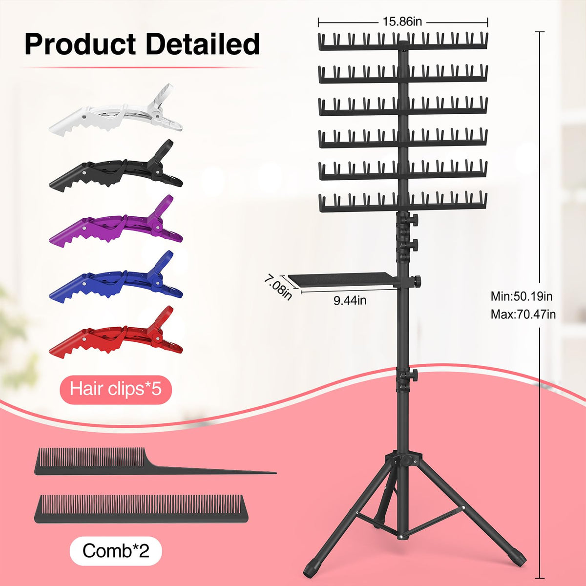 Hemndic Braiding Hair Rack with Tray, 2-sided 144 Pegs, Heavy Duty Braiding Rack Stand for Hair, Height Adjustable Standing Hair Extension Holder with Storage Bag & Braiding Accessories
