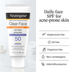 Neutrogena Clear Face Sunscreen Lotion SPF 50, 3 fl. oz | For Acne-Prone Skin, Broad Spectrum UVA/UVB Protection, Fragrance-Free, Oxybenzone-Free, Water-Resistant