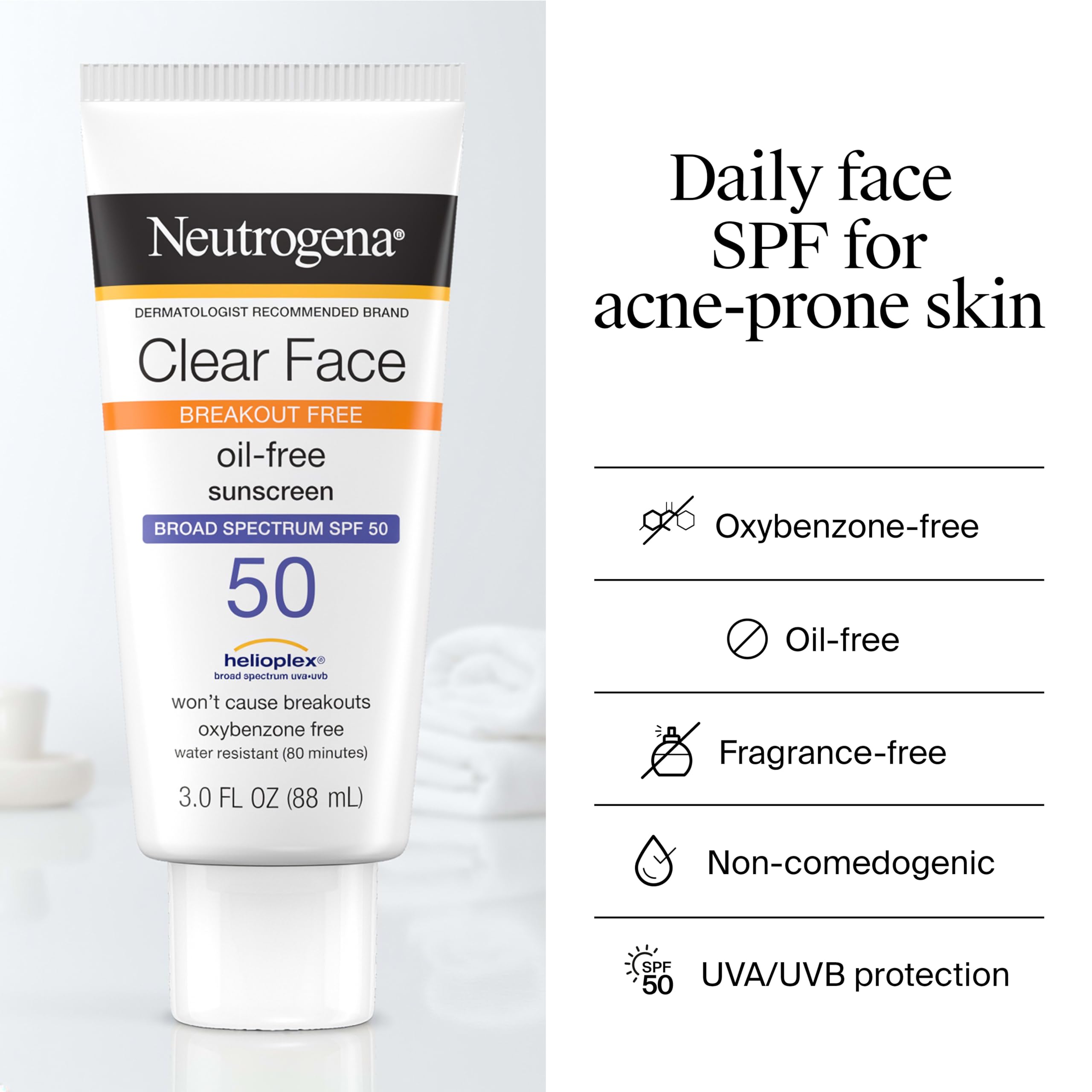 Neutrogena Clear Face Sunscreen Lotion SPF 50, 3 fl. oz | For Acne-Prone Skin, Broad Spectrum UVA/UVB Protection, Fragrance-Free, Oxybenzone-Free, Water-Resistant
