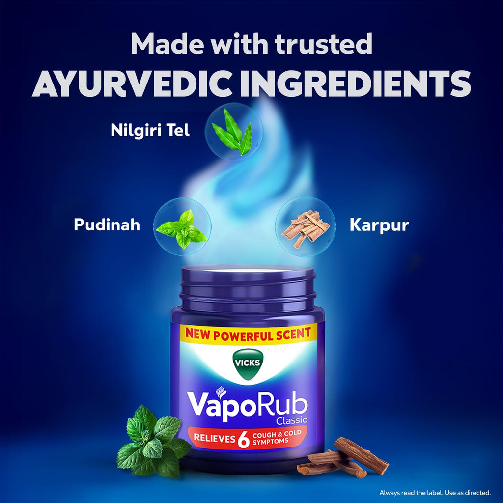 Buy now Vicks Vaporub Relief from Cold, Cough, Blocked Nose, Headache, Body ache, Muscular Stiffness and Breathing Difficulty, 105ml at indiglob india