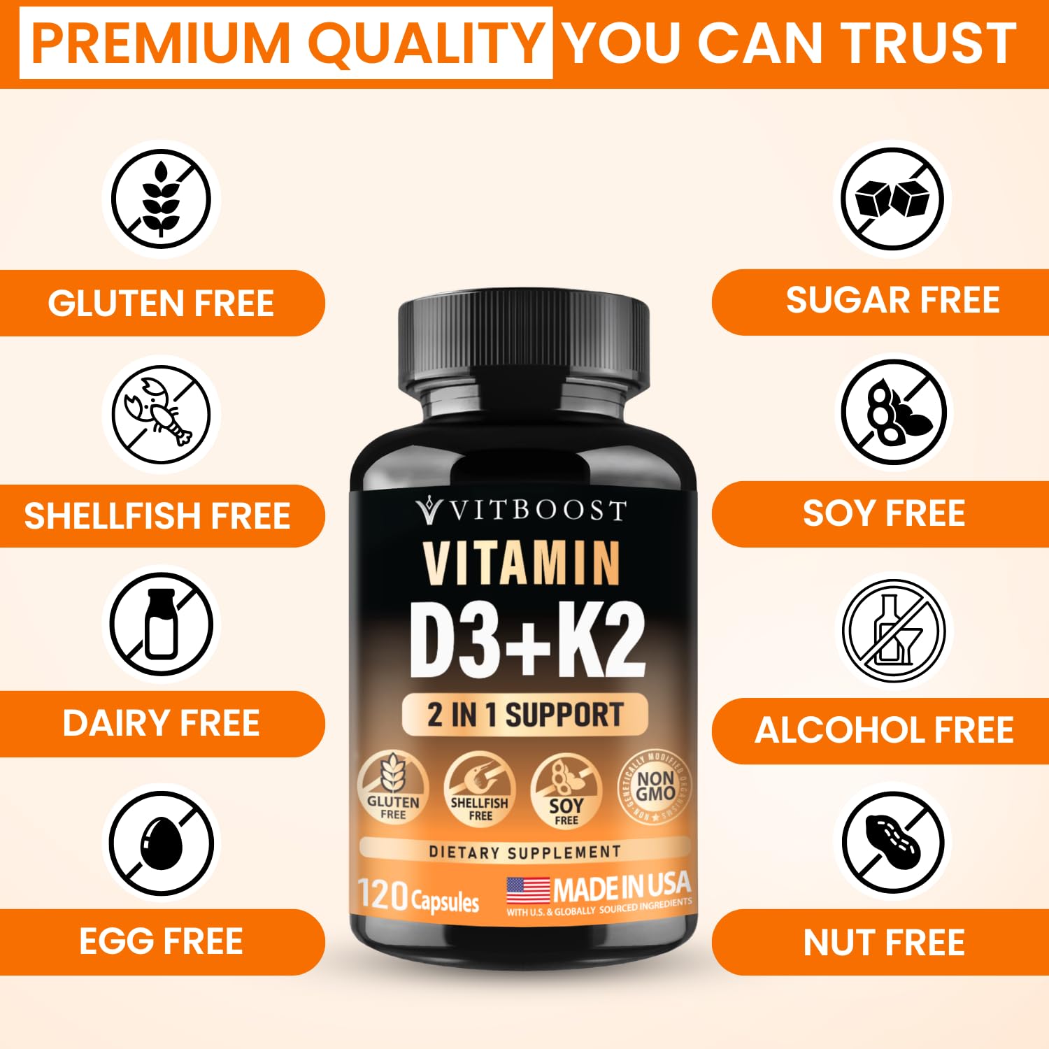 VITBOOST Vitamin D3 K2 Complex - 5000 IU (125 mcg) D3 & K2 (MK-7) 90 mcg | Easy to Swallow Vitamin D | Non-GMO | Gluten-Free | USA Made, 3rd Party Tested, 120 Capsules
