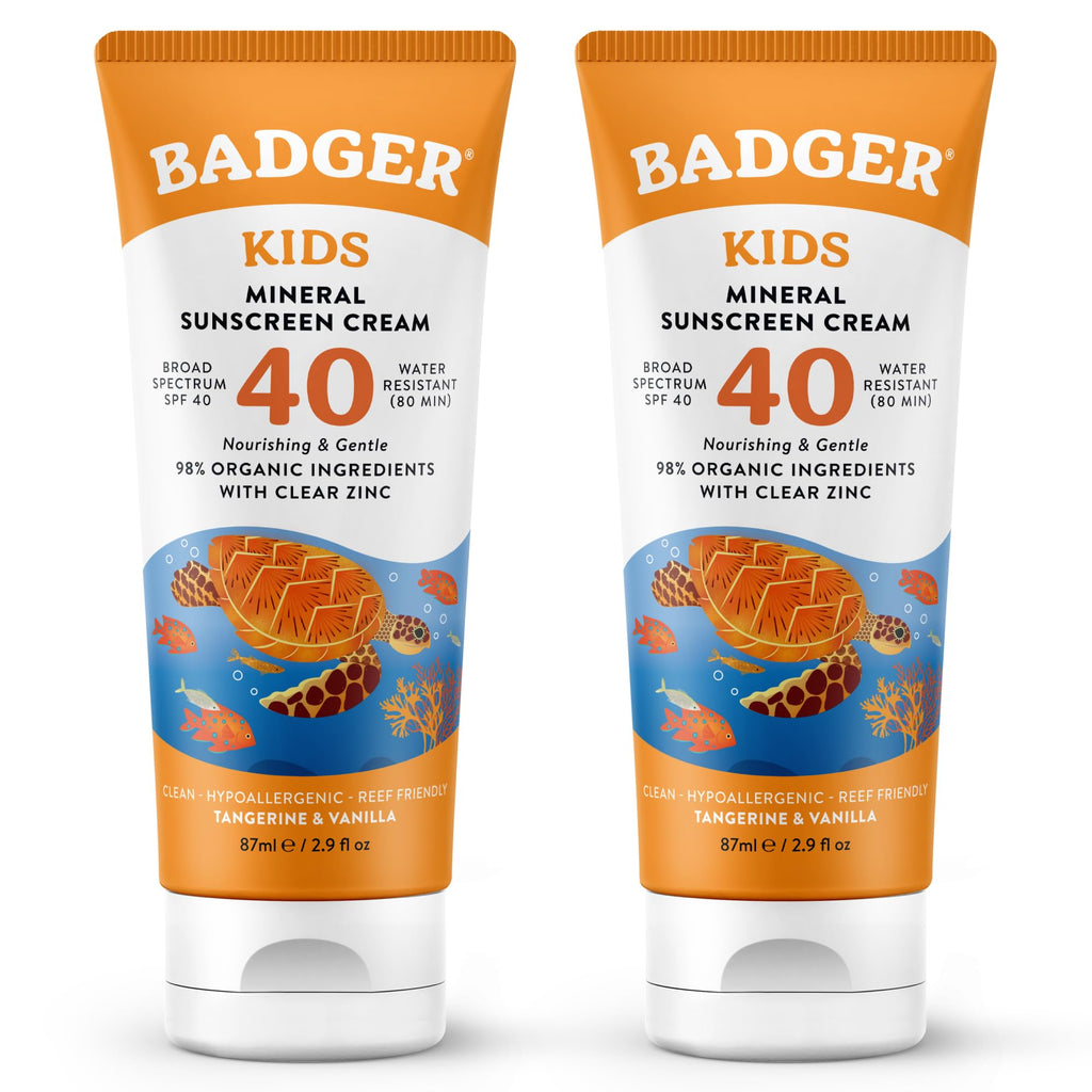 Badger Kids Mineral Sunscreen Cream SPF 40, 98% Organic Ingredients, Zinc Oxide Sunscreen for Kids Face & Body, Water Resistant, Reef Friendly, Hawaii Approved Broad Spectrum Sunblock, 2.9 fl oz