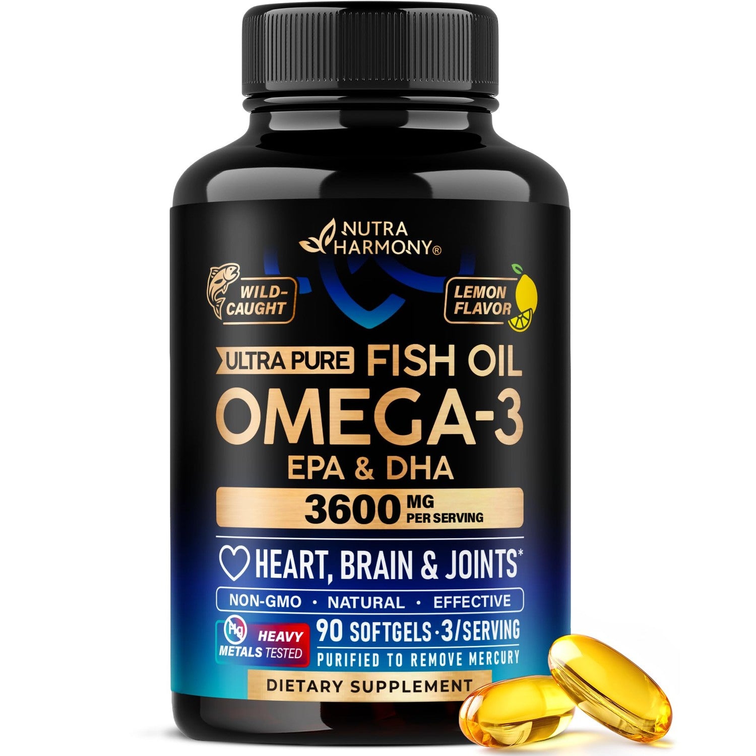 Omega 3 Fish Oil 3600 mg - Omega 3 Supplement for Men & Women - 90 Softgels | Omega 3 EPA & DHA - Heart, Brain & Joint Support - Purified Fish Oil | Heavy Metals Tested - Lemon Flavored