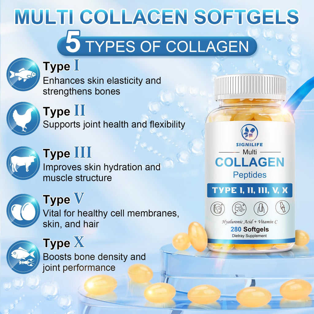 Multi Collagen Peptides for Women & Men-Type I, II, III, V, X | Hydrolyzed Collagen Peptides- with Hyaluronic Acid,Vitamin C,Biotin,Supports Skin Hair Nail, Non-GMO,280 Softgels