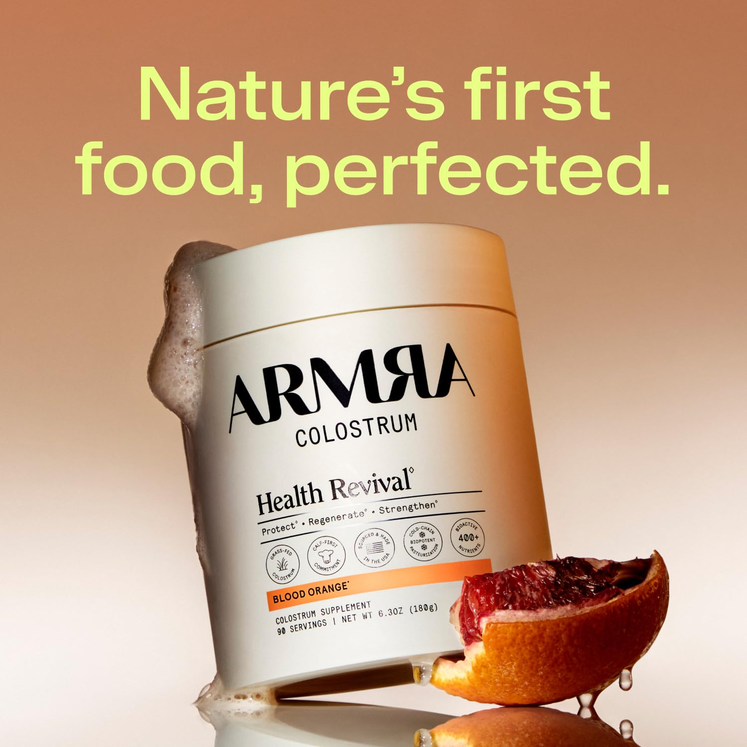 ARMRA Colostrum Powder, Blood Orange, 90 Serving Jar | Gut Health | Debloat | Hair & Skin | Immune Support | Keto | Gluten Free | Grass Fed Bovine Colostrum Supplement