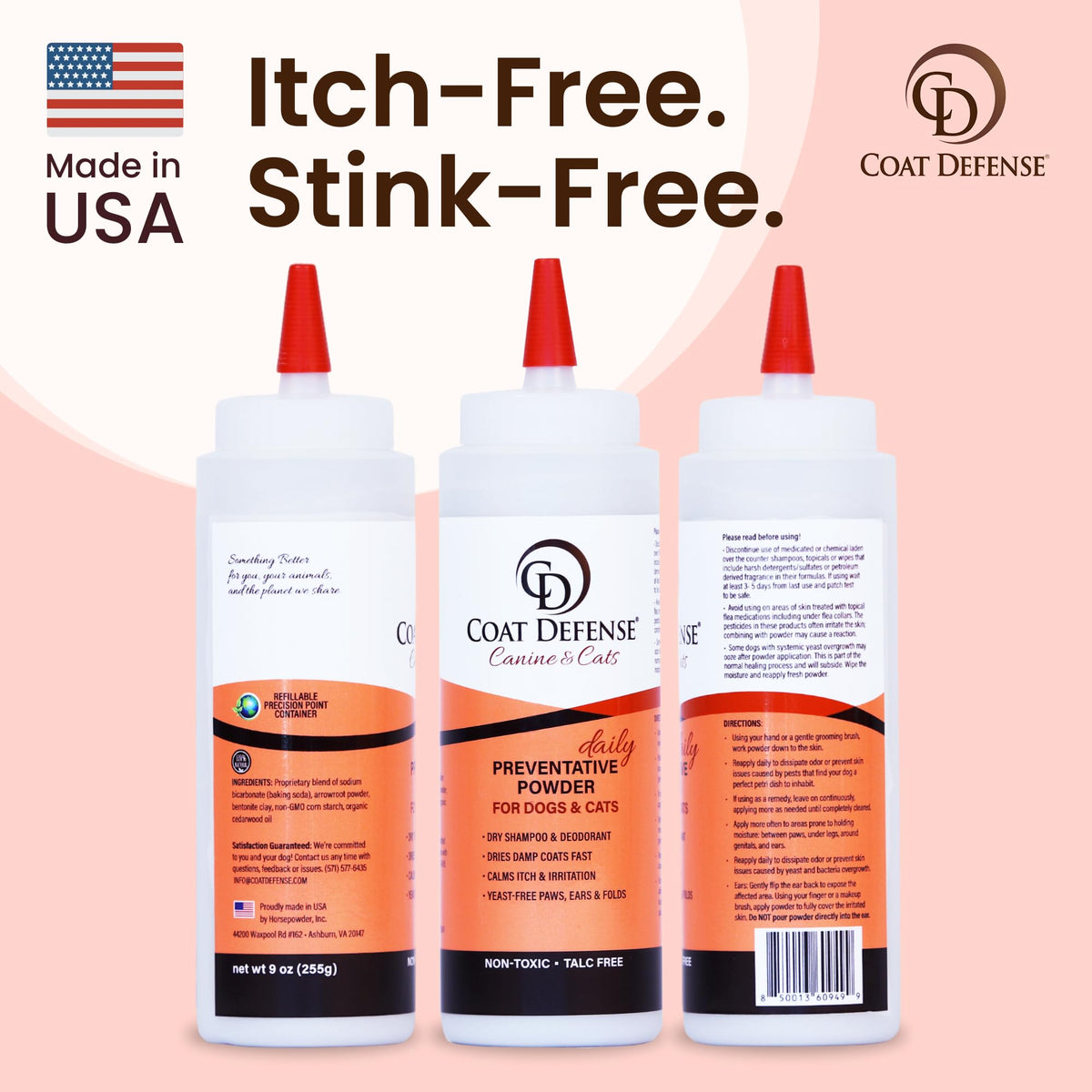 COAT DEFENSE Daily Preventative Powder | Made in USA | 9oz Precision Point Waterless Dog Shampoo & Pet Deodorizer for Smelly Dogs | Provides Anti Itch Relief | Dog Shampoo for Dry Itchy Skin