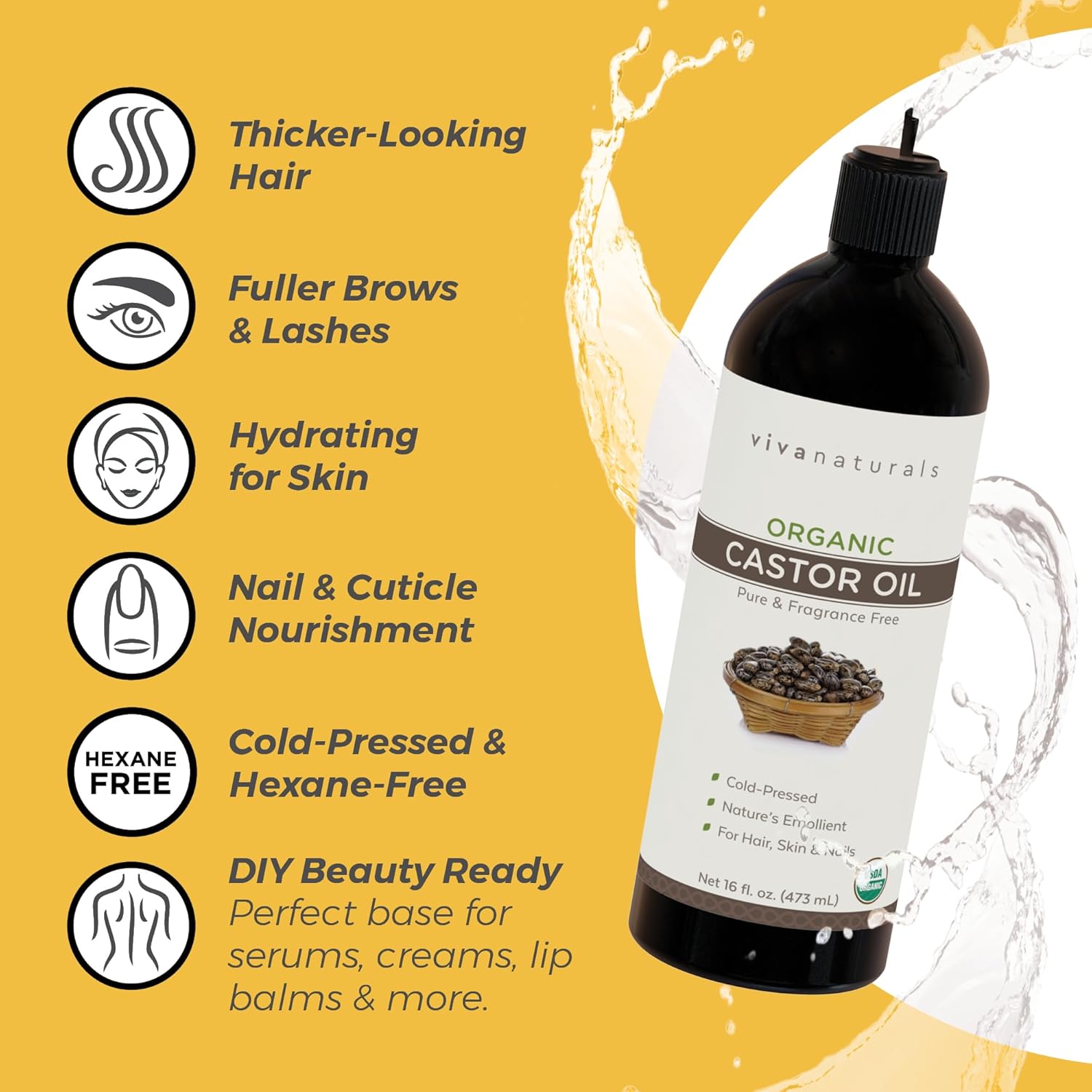 Buy now Viva Naturals Cold pressed Organic Castor Oil 16 fl oz - Castor Oil for Face, Eyelashes, Traditional Eyebrow Serum, Hair Oil - Certified Organic & Non-GMO at indiglob india