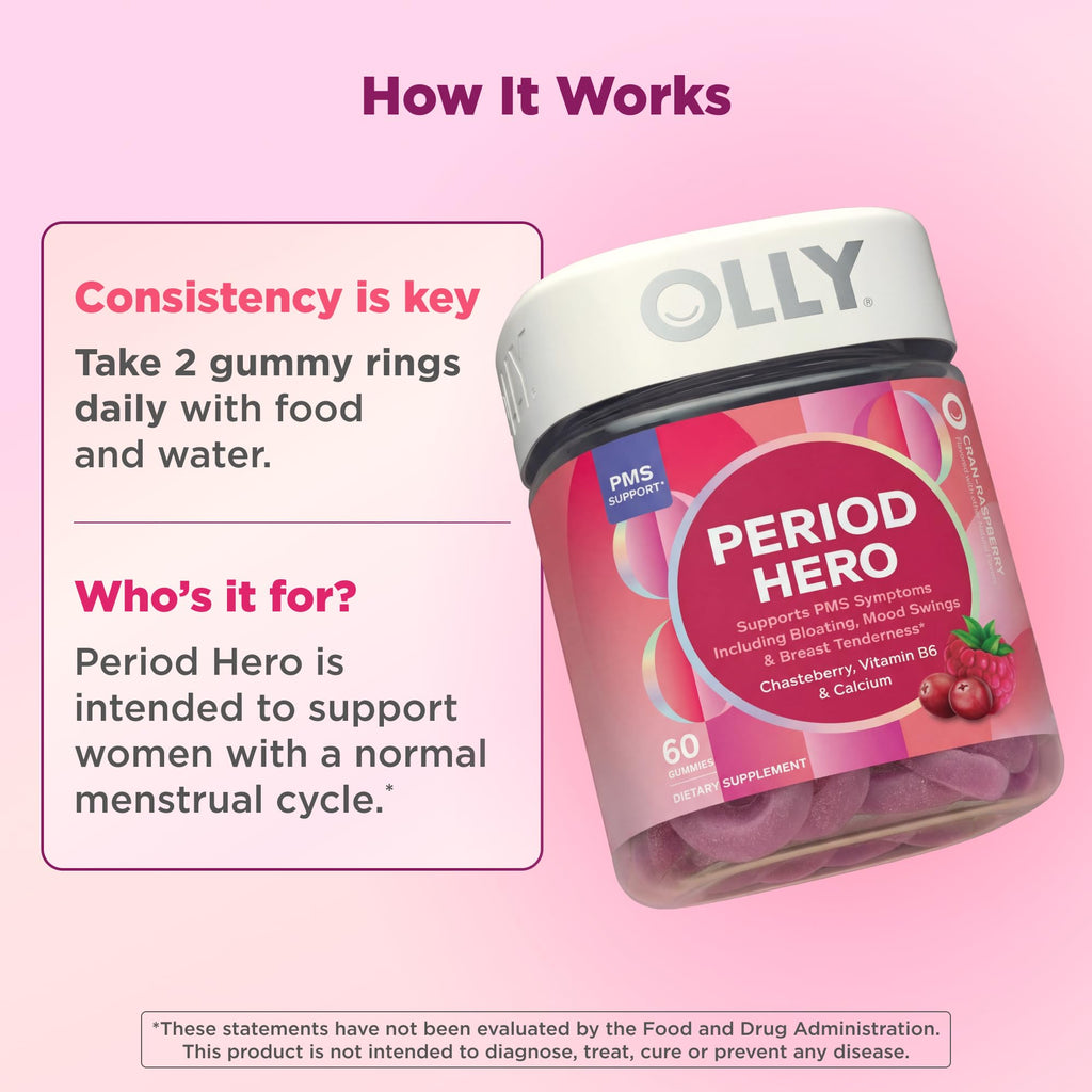 OLLY Period Hero Gummies, PMS Support Supplement,* Cran-Raspberry- 60 Count