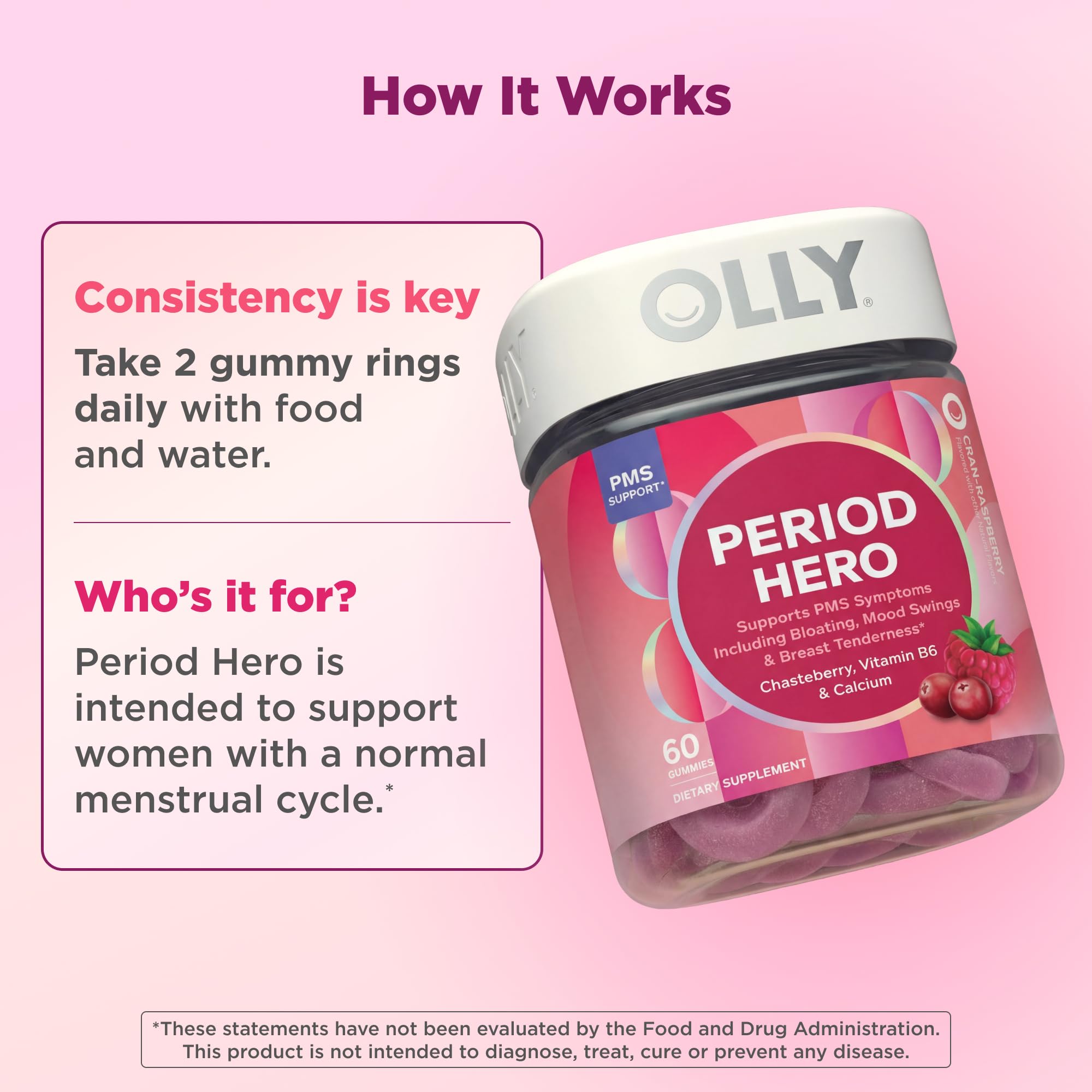 OLLY Period Hero Gummies, PMS Support Supplement,* Cran-Raspberry- 60 Count