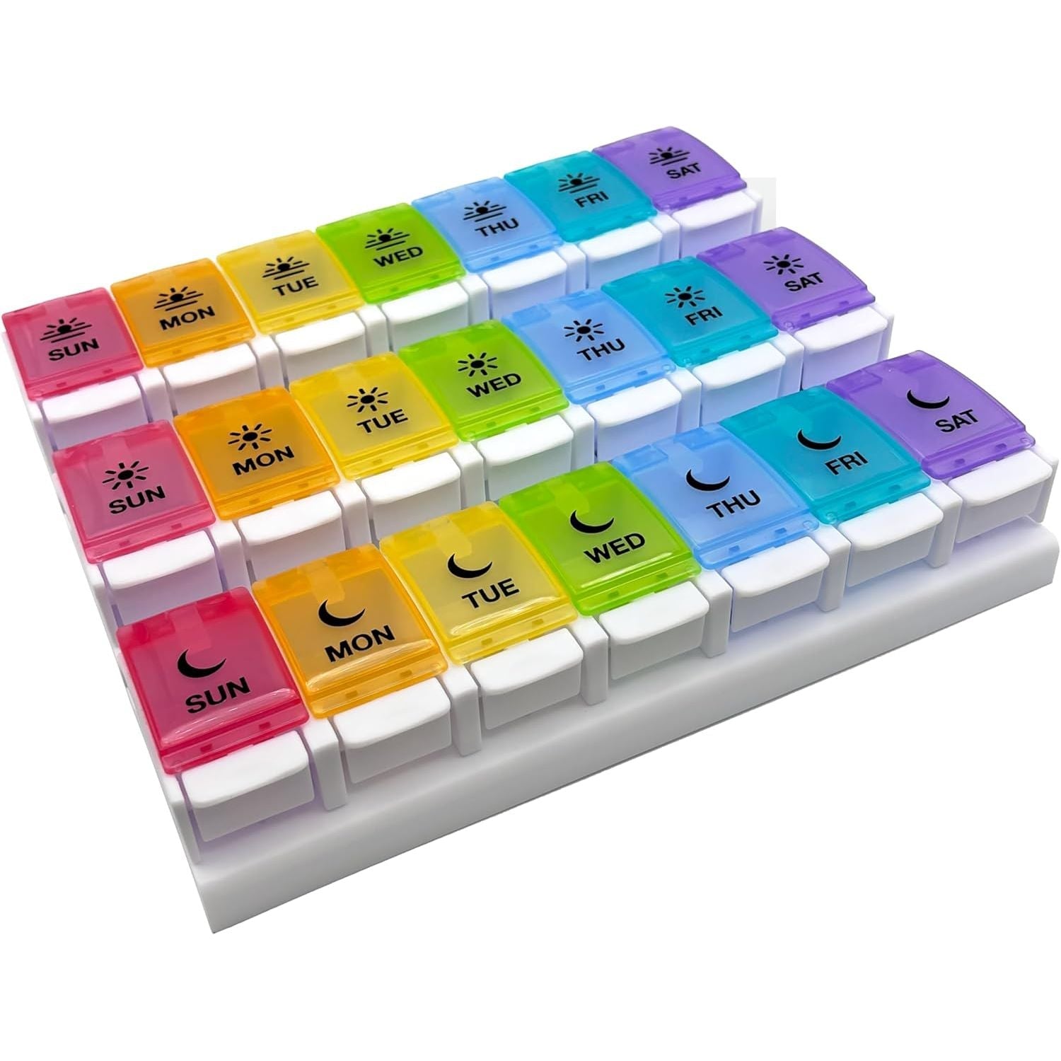 Buy now EZY DOSE Push Button (7-Day) Pill Case, Medicine Planner, Vitamin Organizer, 2 Times a Day AM/PM, Removable Trays, Large Compartments, Arthritis Friendly, Spring Open Black and White Lids, BPA Free Rainbow (3x a Day) at indiglob india