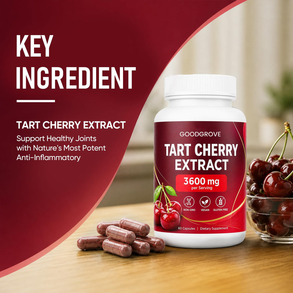 Tart Cherry Extract Capsules, 10:1 Concentrated Tart Cherry Extract Supplement, Antioxidant Support, Non-GMO, 60 Capsules
