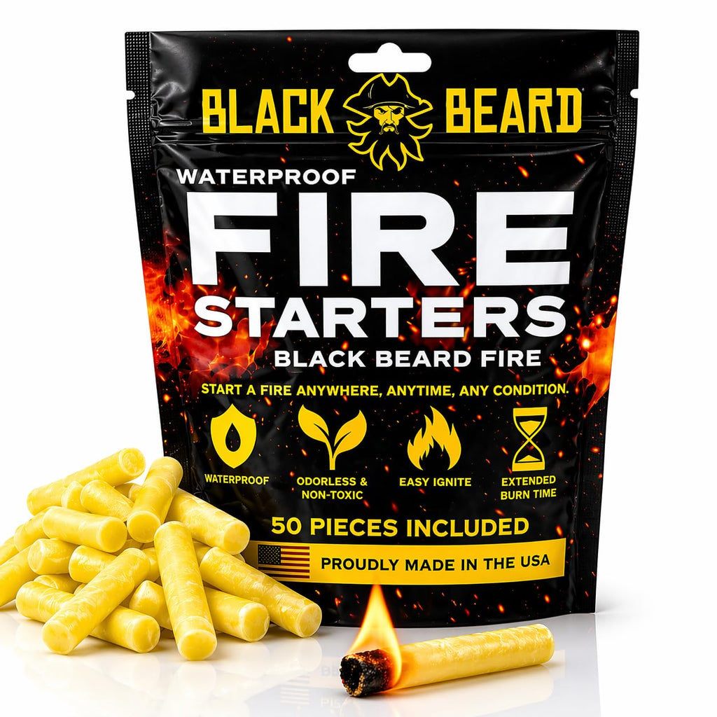 Black Beard Fire Plugs (50 Plugs) | 100% Weatherproof Fire Starter for Campfires | Can Light 50+ Fires | Extra Long Burn Time | 30 Yr Shelf Life for Emergency Survival Kits | Made in USA, Yellow