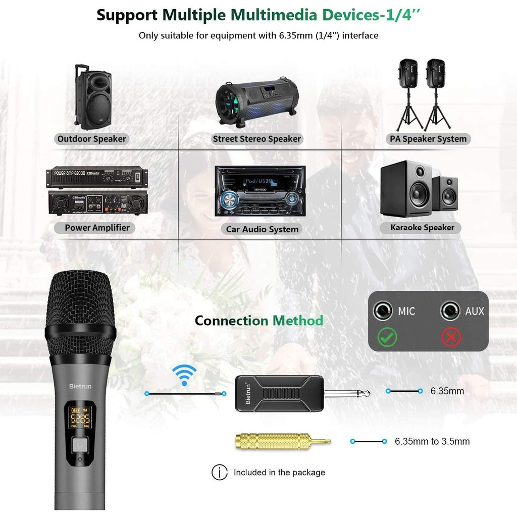 Buy now Bietrun Wireless Microphone, Professional UHF Metal Dual Handheld Cordless Dynamic Mic System Set with Rechargeable Receiver, 1/4‘’Output, Plug and Play, Instrument-Wireless-Mics for Karaoke, Wedding at indiglob india