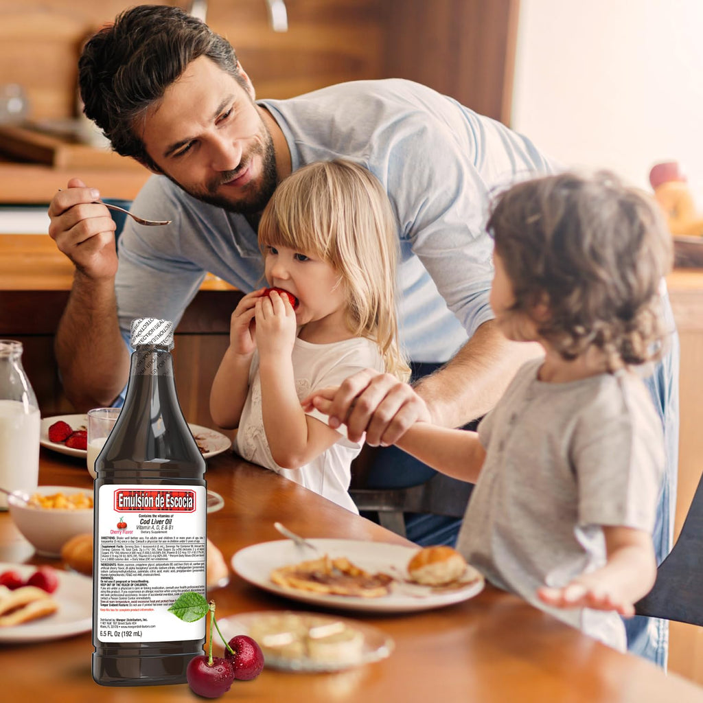 Emulsión de Escocia Cod Liver Oil with Vitamins A, D, E, B1 - Natural Cherry Flavor Fish Oil Omega-3 Dietary Supplement for Immune Support & Growth - Essential Nutrients - 6.5 oz (2-Pack)