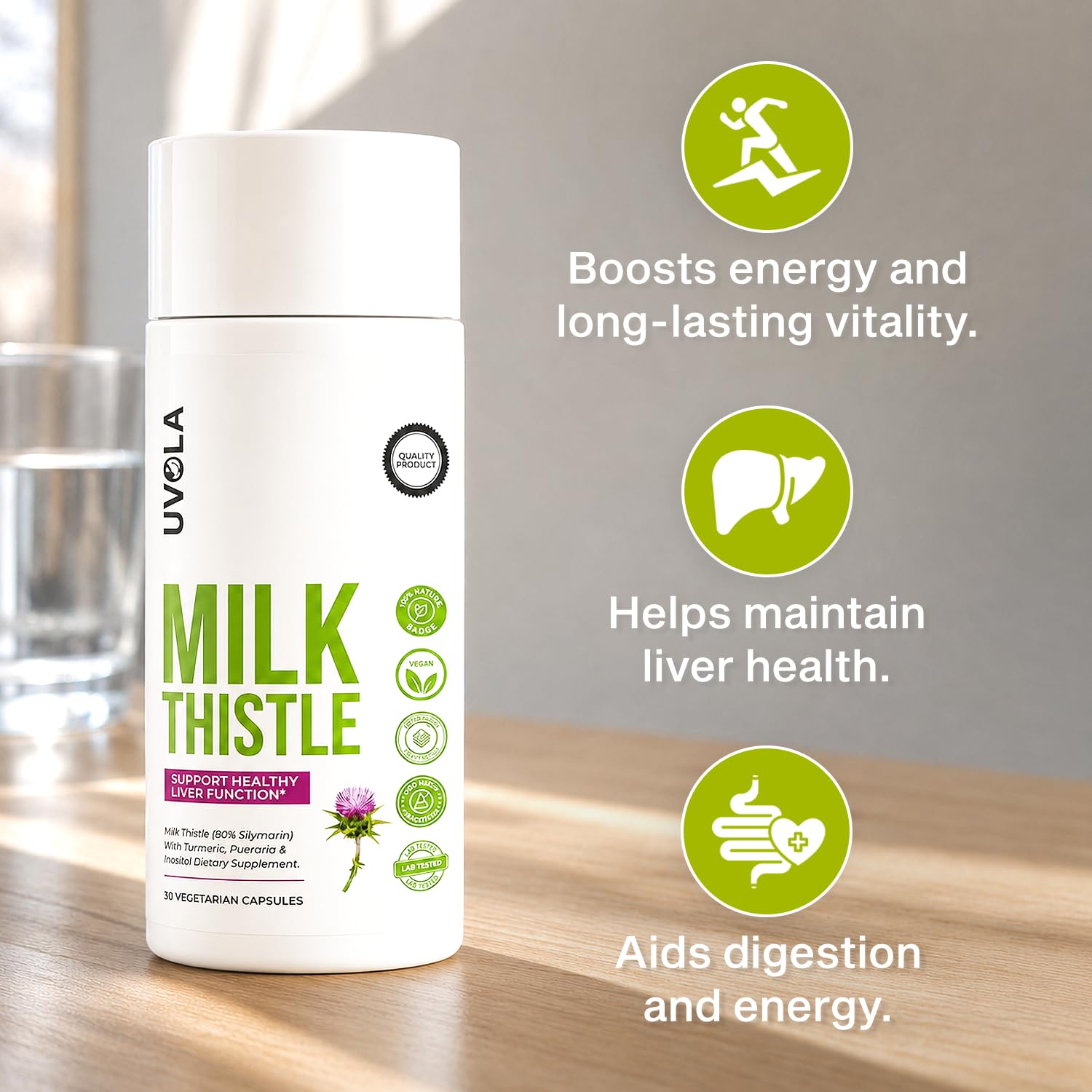 Uvola Milk Thistle Liver Detox - 100% Natural Vegan Support - 60 Capsules | Official Brand, Silymarin, 8 In 1 Blend, Non-GMO, Gluten-Free, Soy-Free, Antioxidant Support, Health Detox