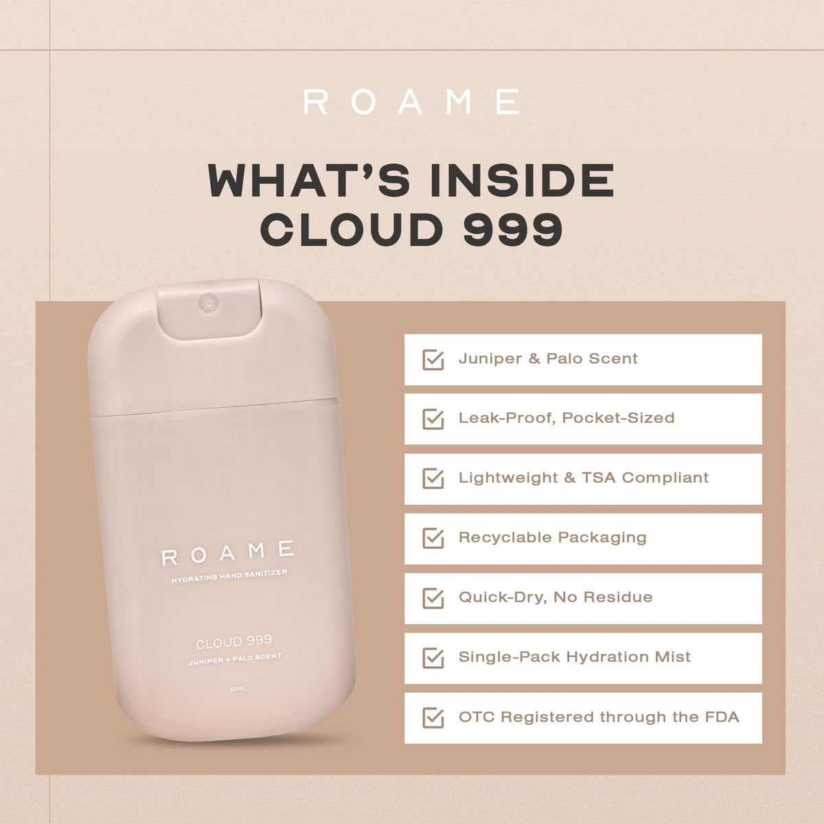 Roame Cloud 999 Hydrating Hand Sanitizer Spray, Juniper & Palo Santo, 1 oz