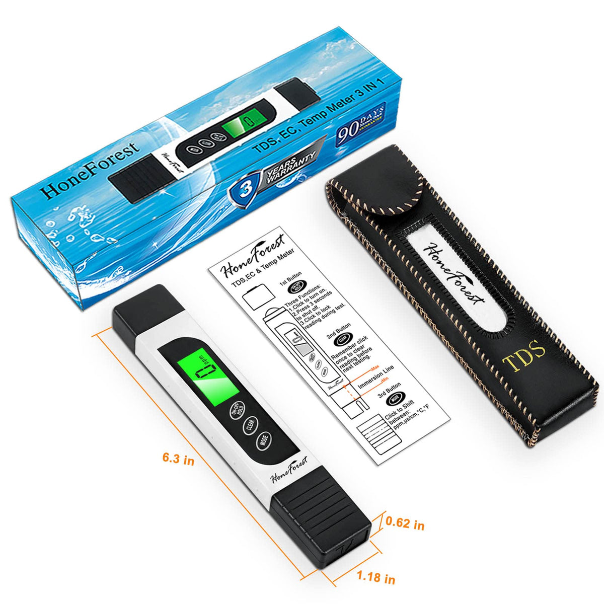 HoneForest TDS Meter, Digital Water Tester - Accurate and Reliable, Measures TDS, EC & Temperature (°F/°C), 0-9990ppm, Water Test Meter for Drinking Water, RO/DI System, Aquariums, etc