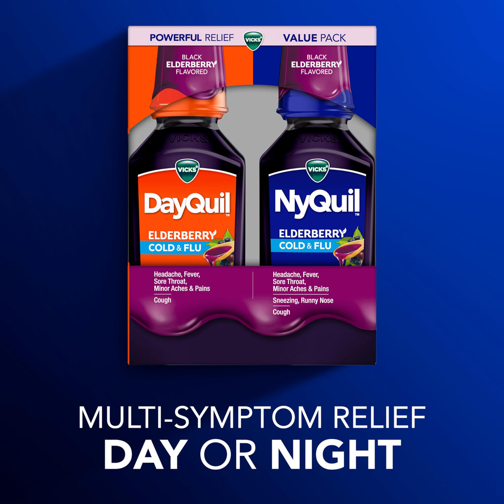 Buy now VICKS DayQuil & NyQuil Elderberry Flavor Cold & Flu Liquid Medicine Co-Pack, Multi-Symptom Relief of Headache, Fever, Sore Throat, Minor Aches & Pains, Sneezing, Runny Nose, and Cough, 2x12oz at indiglob india