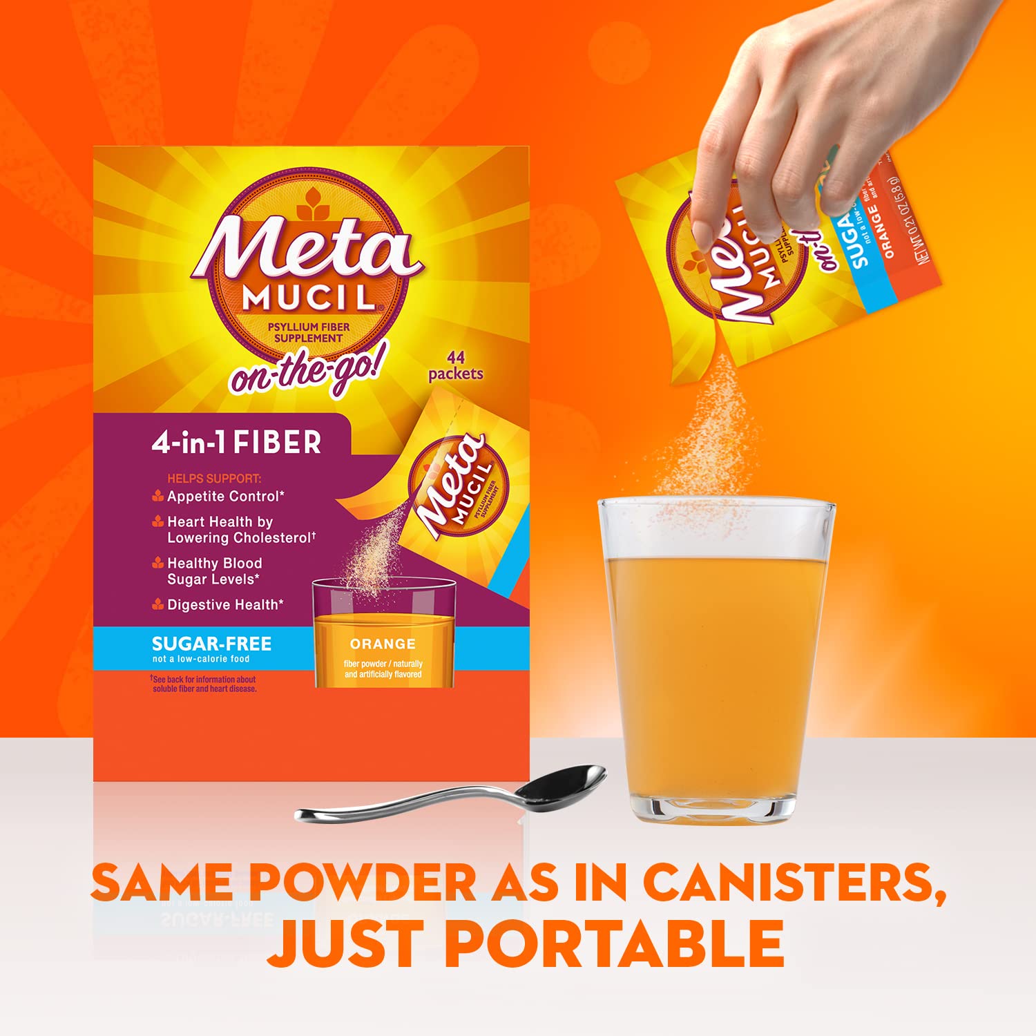 Metamucil On-The-Go, Psyllium Husk Fiber Supplement, 4-in-1 Fiber for Digestive Health, Sugar Free, Orange Flavor, 30 Count x 2 Packs (60 Count Total)