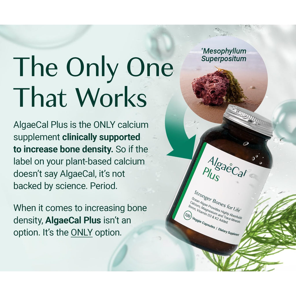 ALGAECAL Plus Calcium Supplement for Bone Density, D3 K2, 120 Caps, 3 Packs | Organic red algae calcium with D3 (1600 IU), K2 MK-7 (100mg), magnesium (350mg) & trace minerals for stronger bones.