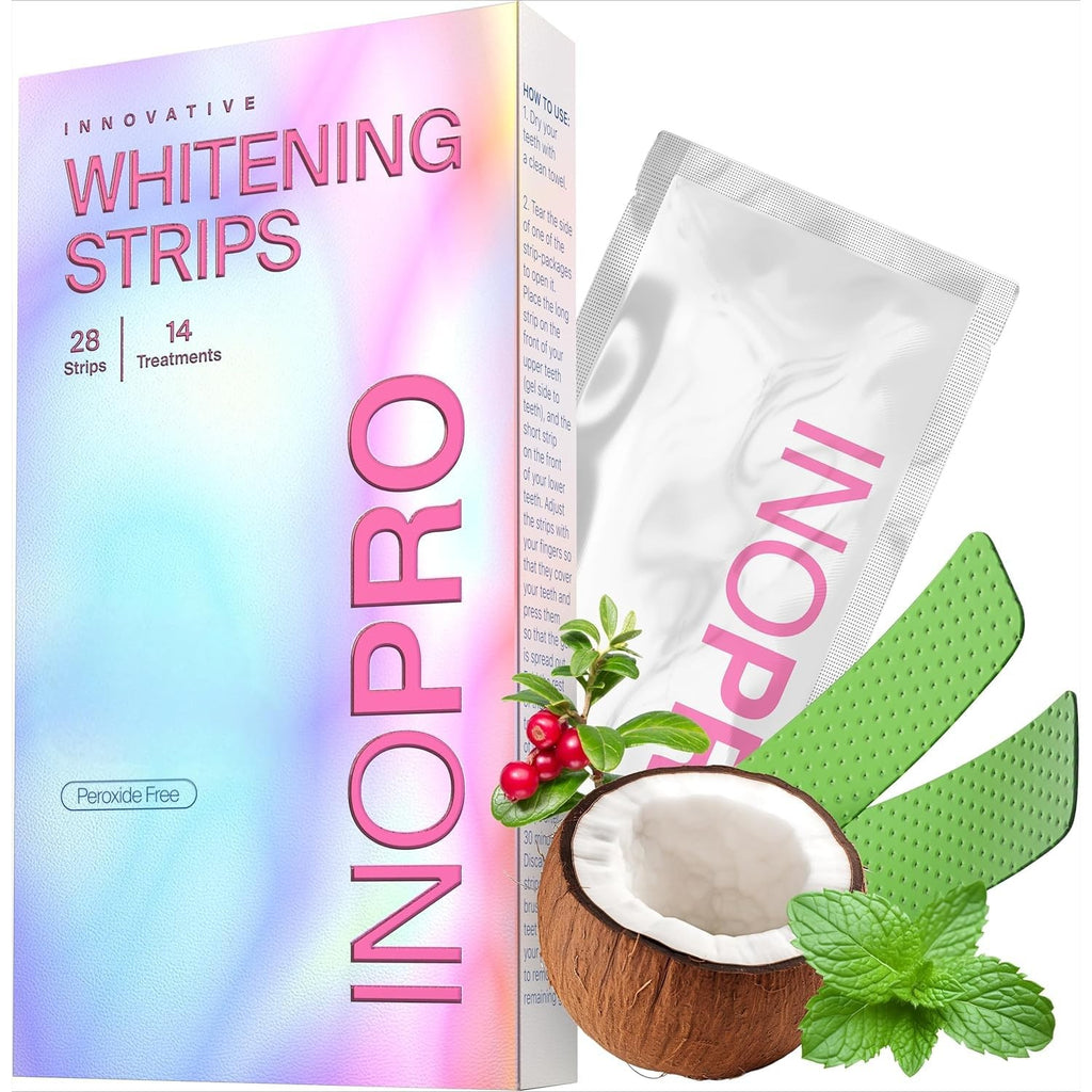 Buy now InoPro Teeth Whitening Strips 14 Treatments Kit - Enamel Safe Teeth Whitener, Peroxide-Free, Green White Strips for Teeth Whitening with Arbutin, Coconut Oil, Deep Stains Removal (28 Strips) 28 Count (Pack of 1) at indiglob india
