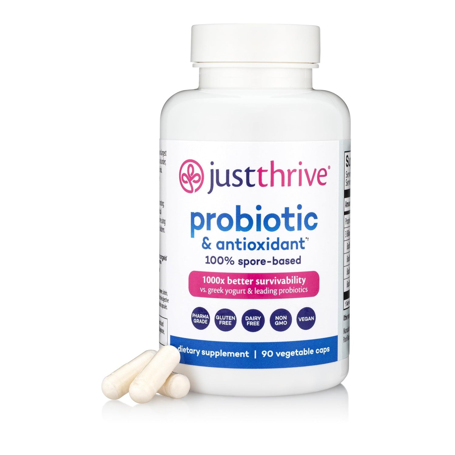 Just Thrive Probiotic & Antioxidant 100% Spore-Based Digestive Support | 30 capsules, 100% spore-based probiotic and antioxidant formula, Gluten free, Supports digestive and immune health