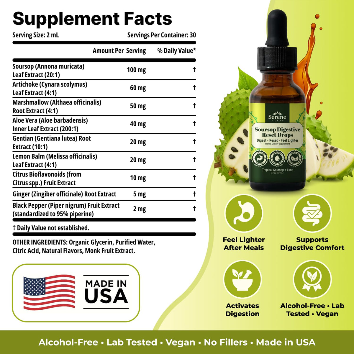 Serene Herbs Soursop Digestive Reset Drops 2 fl oz – Tropical Soursop & Lime Liquid Supplement – Supports Digestion