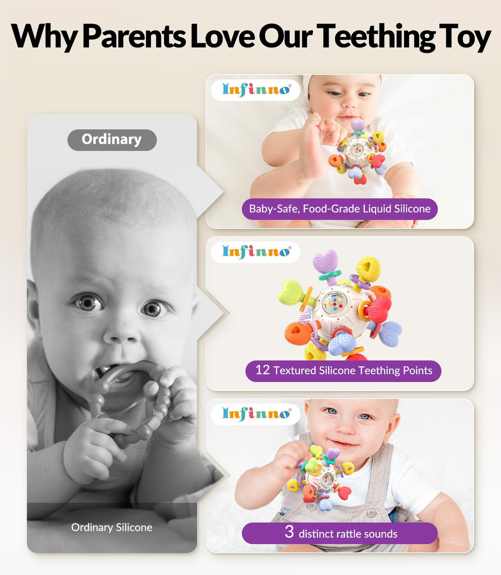 Infinno Montessori Silicone Teething Toys with Rattle, Babies 0-12 Months