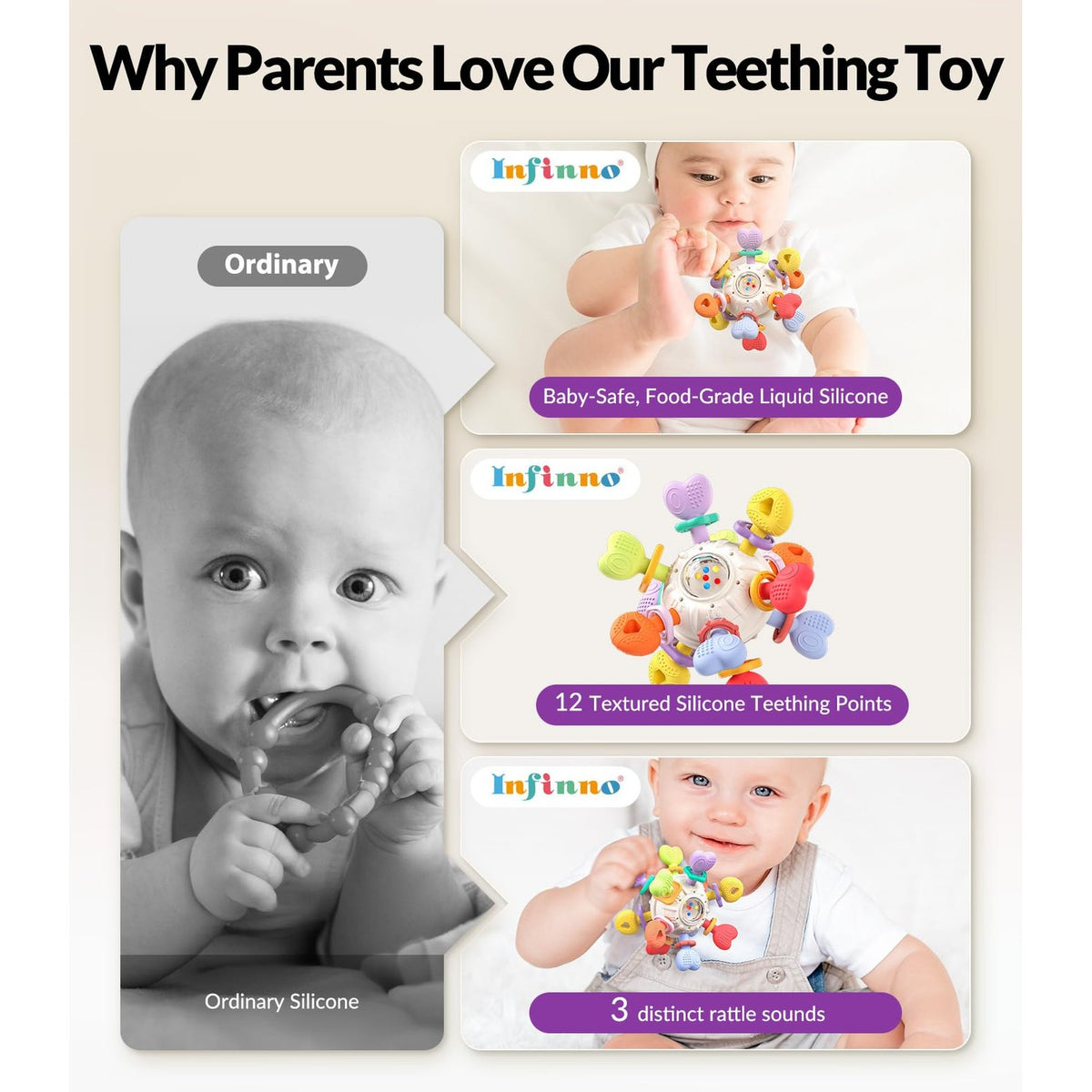 Infinno Montessori Silicone Teething Toys with Rattle, Babies 0-12 Months