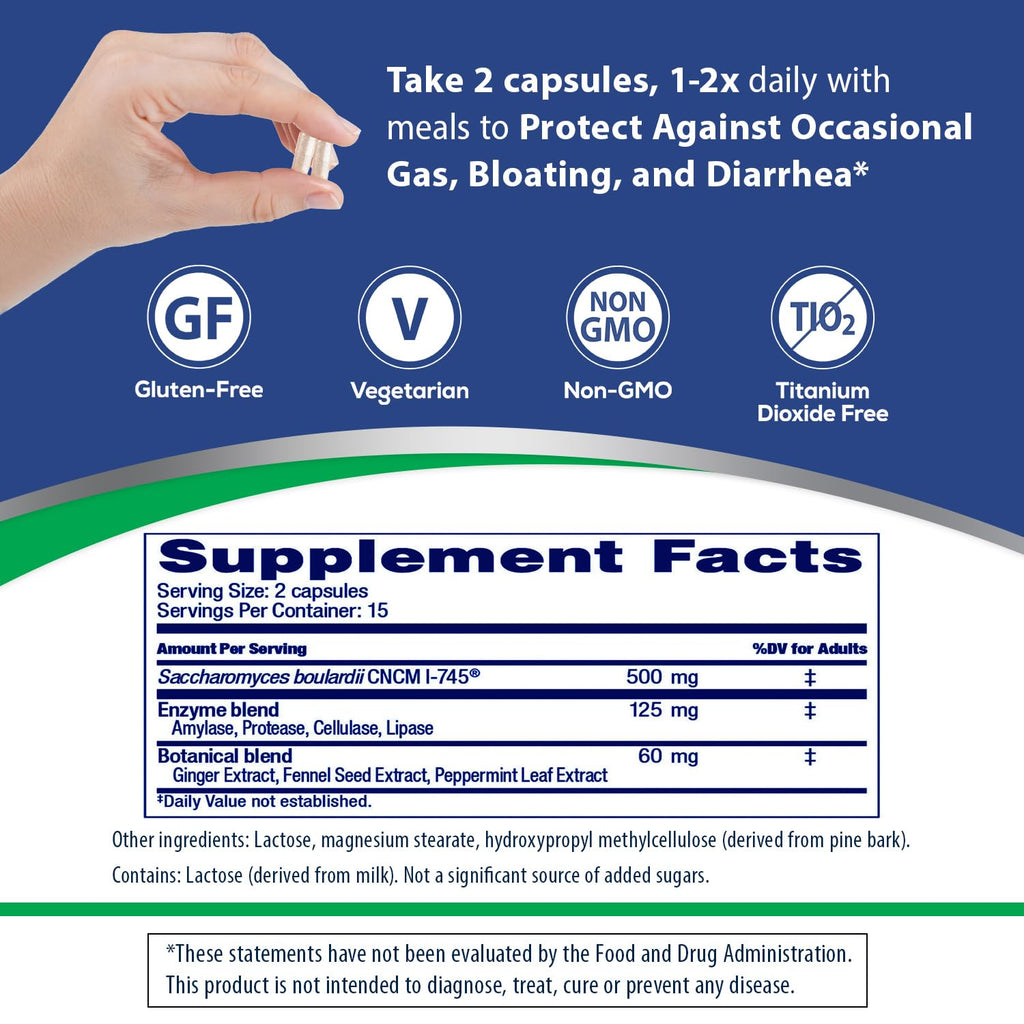Florastor Advanced Gas & Bloat Probiotic, 30 Capsules (Pack of 2) | Digestive Enzymes and Botanicals, Plus Probiotics for Digestive Health
