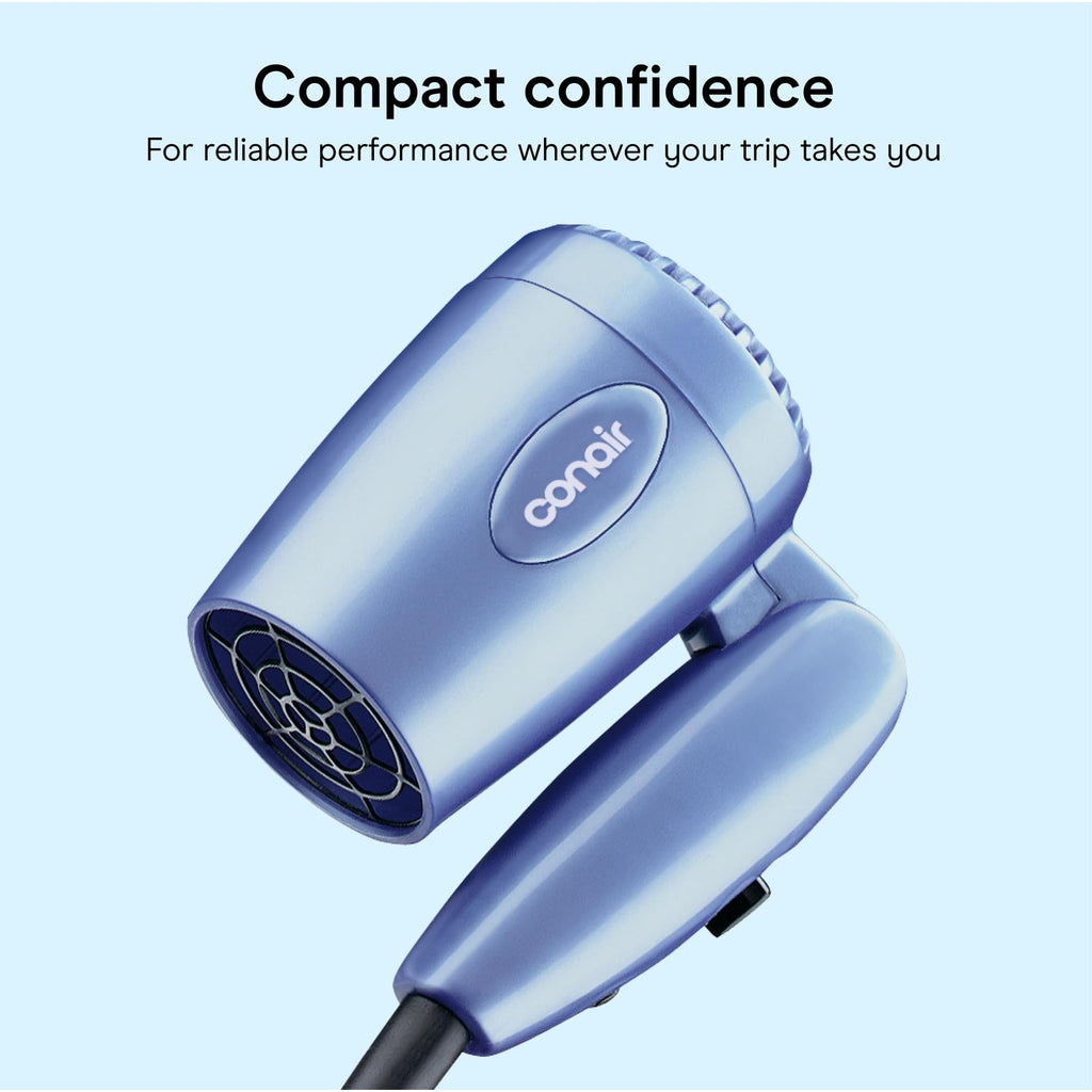 Conair Dual Voltage Hair Dryer, Compact Folding Handle Design, 1600W | Travel blow dryer for on-the-go styling with foldable 0.75-lb design, high-velocity airflow, and various heat/speed settings