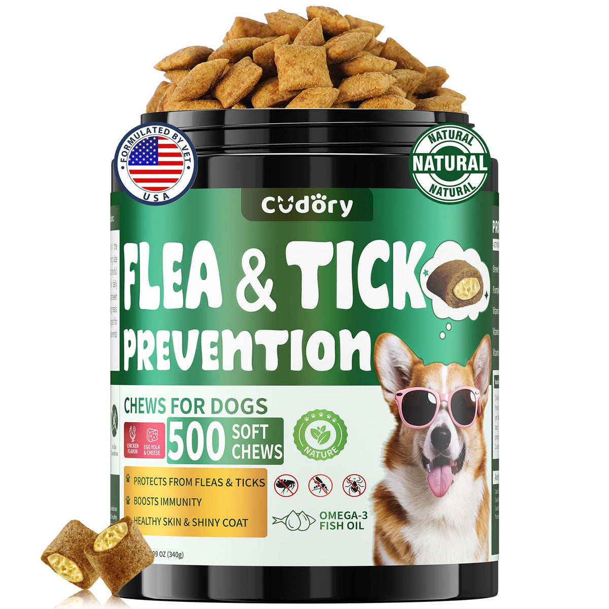 Cudory Flea and Tick Prevention for Dogs, 500 Dog Flea Treatment Chews