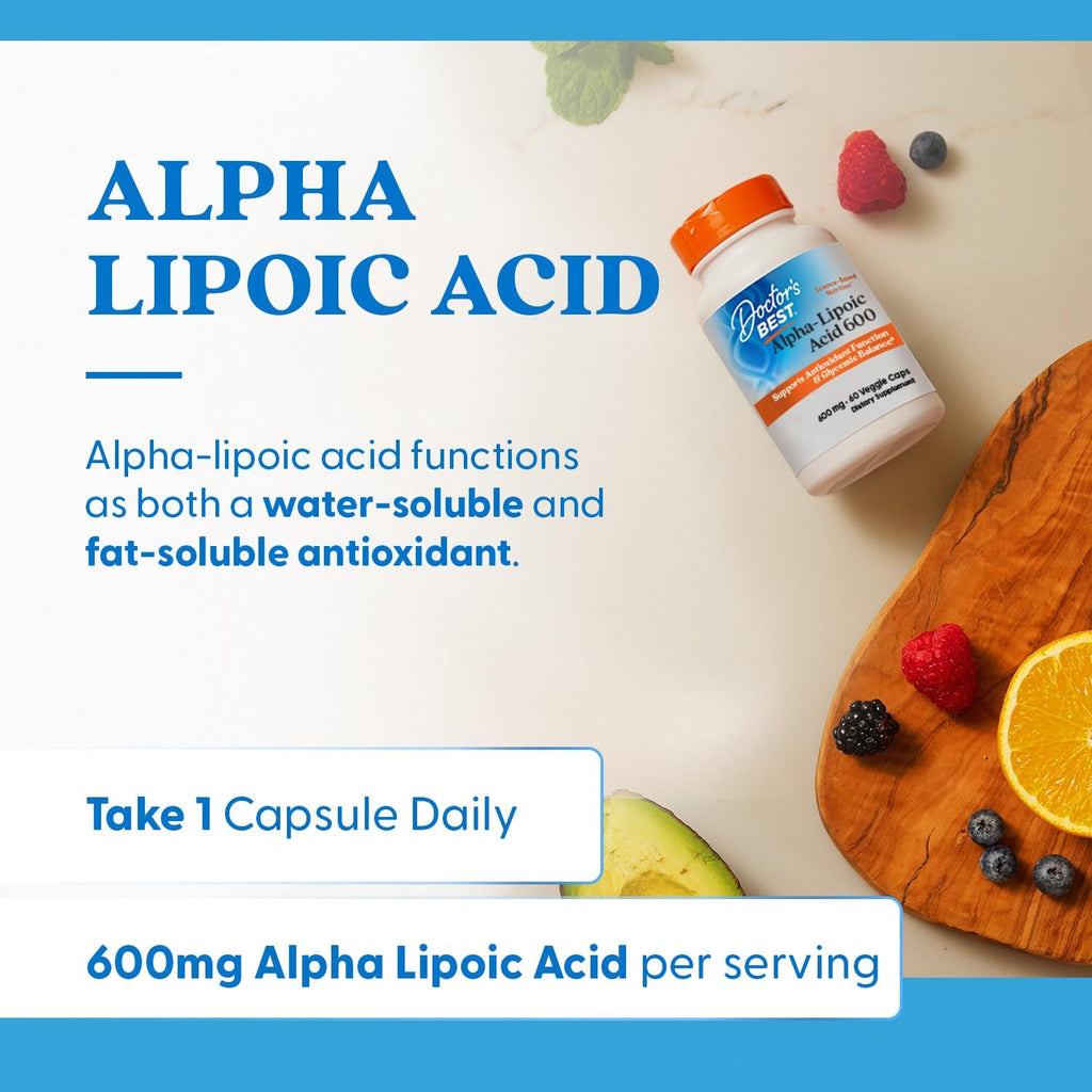 Buy now Doctor's Best Alpha-Lipoic Acid 600, Supports Antioxidant Function & Glycemic Balances, Non-GMO, Gluten Free, Vegan, Soy Free, 600 mg, 60 Veggie Caps at indiglob india