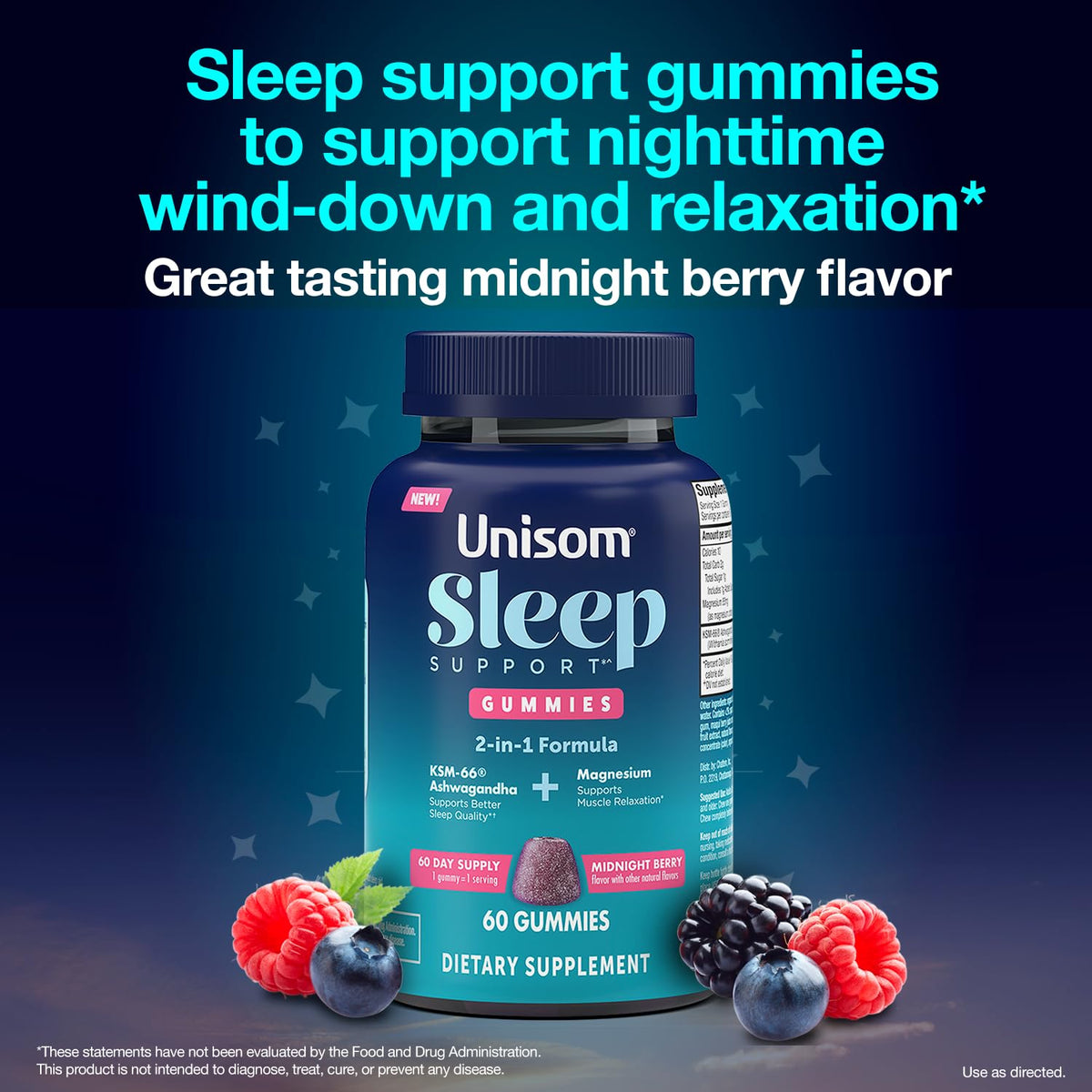 Unisom Sleep Support Gummies, 2-in-1 Magnesium Ashwagandha Drug-Free Formula, Supports Healthy Sleep Routines, Midnight Berry Flavor, 60 Count