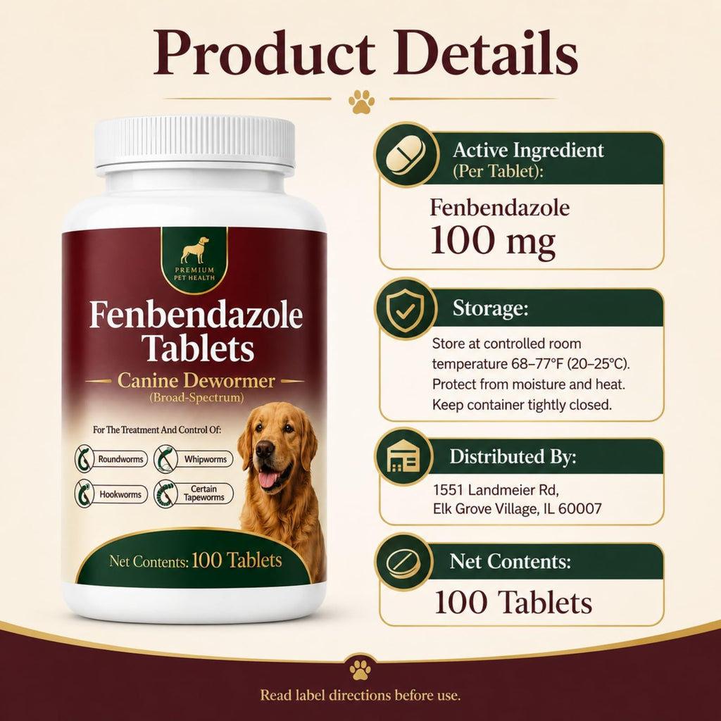 Canine Dewormer for Dogs (fenbendazole),for Treatment and Control of Tapeworms, Roundworms, Hookworms and Whipworms,100 Tablets, 100 mg per Tablet, Oral Tablets with Weight-Based Directions