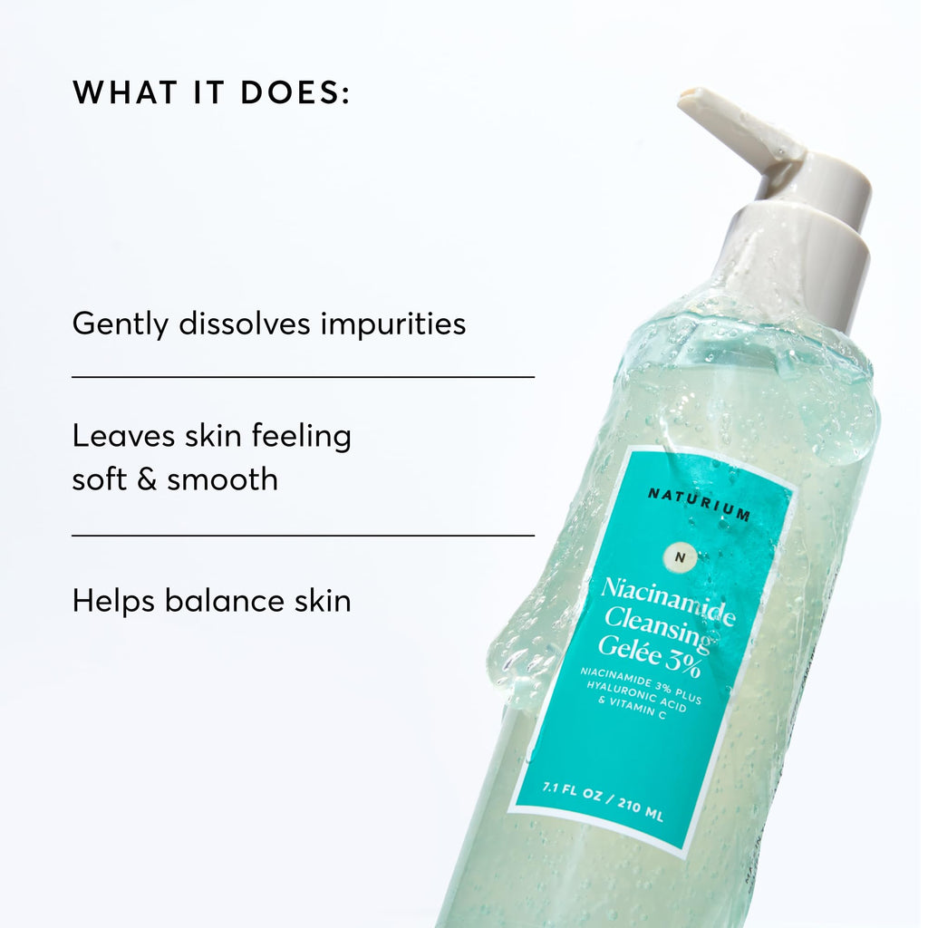 Naturium Niacinamide Cleansing Gelée 3%, 7.1 fl oz | Gentle & Smoothing Face Wash, Unclogs Pores, Makeup Remover, with Hyaluronic Acid & Vitamin C, for Soft Skin & Even Texture