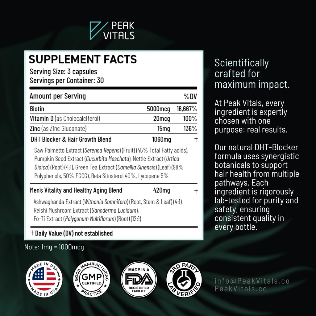 DHT Blocker for Men | Ultra Potent Hair Growth Formula | Saw Palmetto, Biotin, Pumpkin Seed, Herbal Extracts | Natural Hair Loss Supplements | Hair Regrowth Vitamins | Made in the USA | 90 Capsules