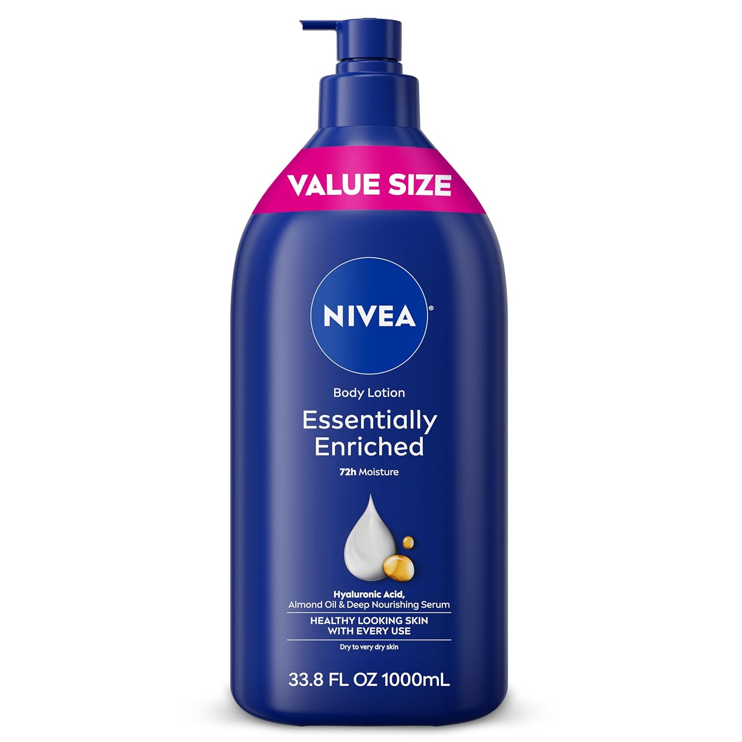 Buy now NIVEA Essentially Enriched Body Lotion for Very Dry Skin with Hyaluronic Acid, Almond Oil and Deep Nourishing Serum, 72-Hour Body Moisturizer, 16.9 Fl Oz Pump Bottle 33.8 Fl Oz (Pack of 1) at indiglob india