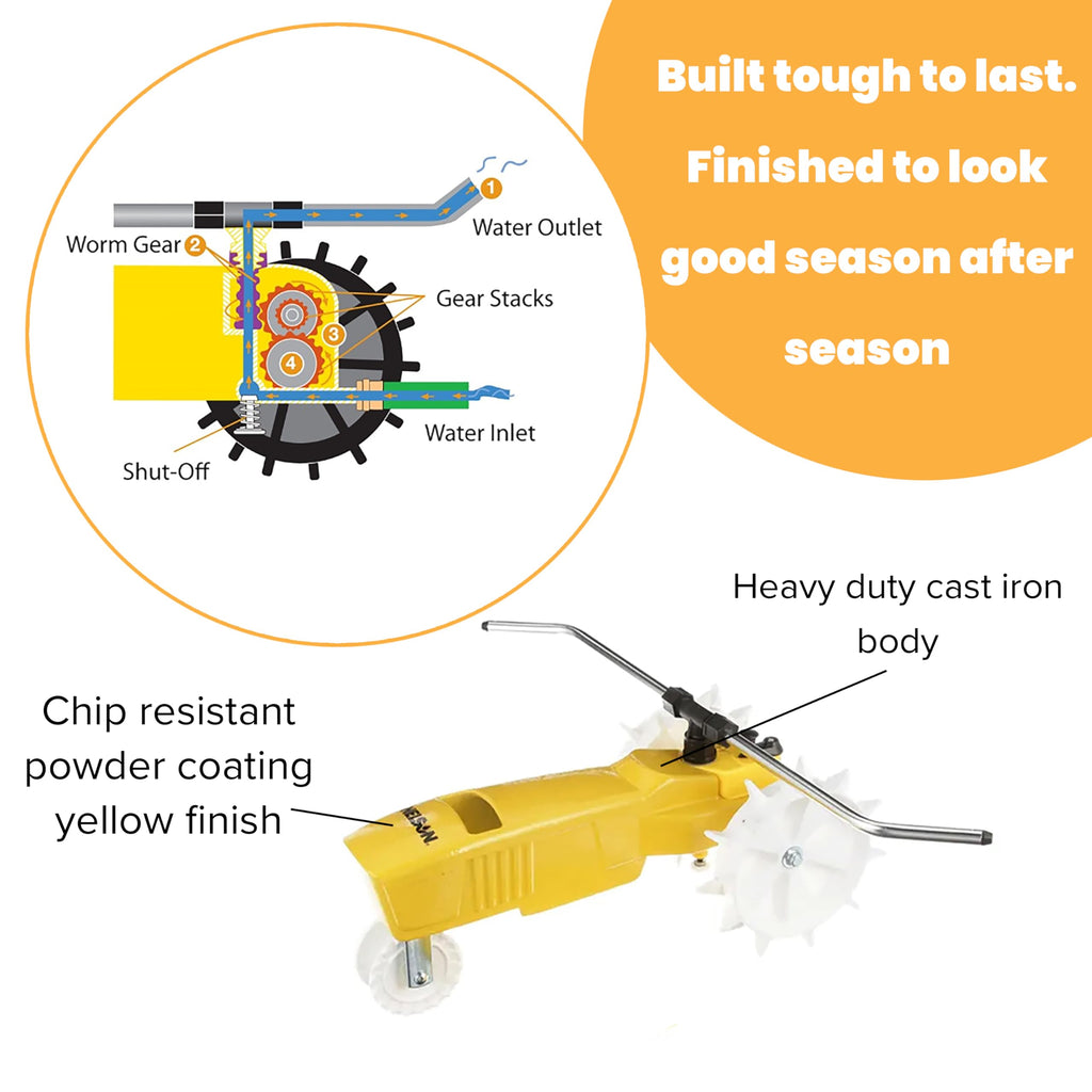 Nelson Rain Train 13,500 Square Feet Cast Iron Outdoor Lawn Traveling Water Sprinkler for Yard, and Garden, with Auto Shut Off, Yellow