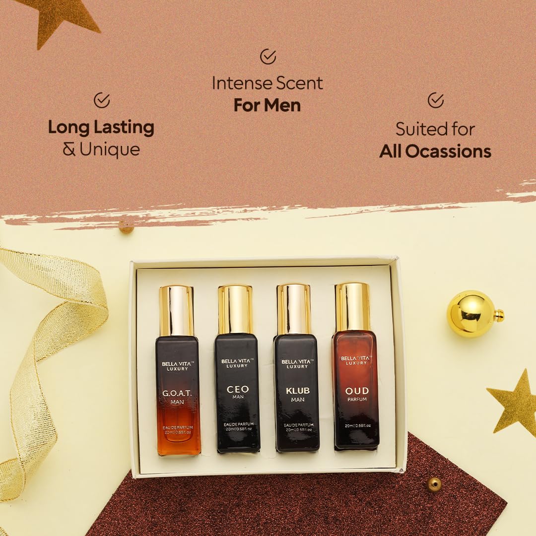Buy now Bella Vita Luxury Long Lasting Perfume Gift Set for Man | 4x20ml | Gifts for Men | Woody, Citrusy, Oud, Premium Fragrance Scent | KLUB, OUD, CEO, G.O.A.T | Best gift for Valentine's Day at indiglob india