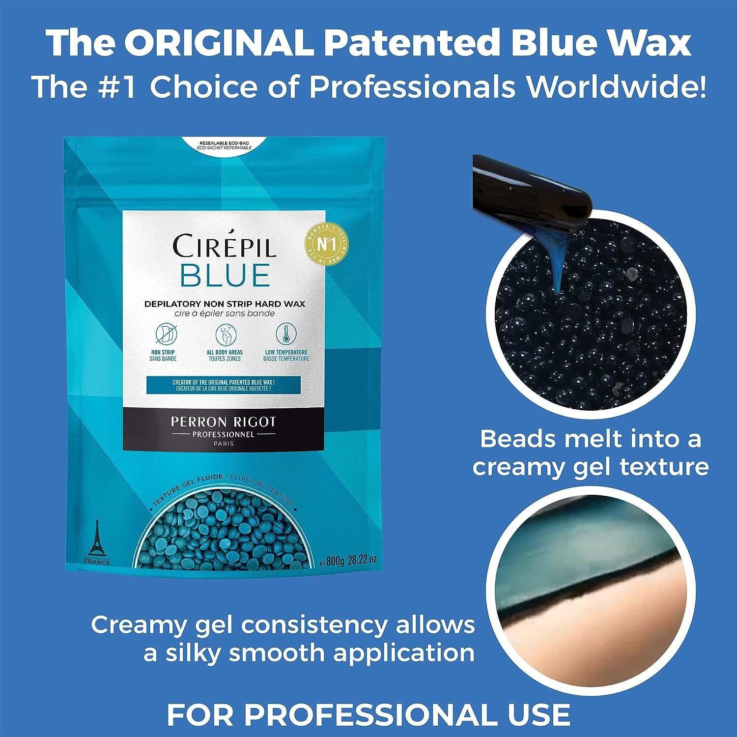 Cirepil BLUE Stripless Hard Wax Beads Bag 28.22oz / 800g | Face, body & bikini wax, unscented | Ideal for sensitive skin | Refill bag, low-temp, fluid gel texture, easy hair-removal