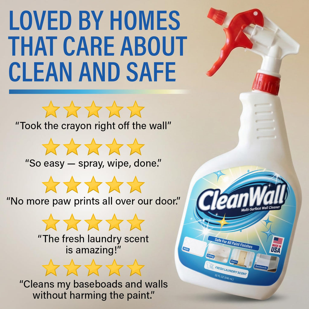 CleanWall Wall, Door & Baseboard Cleaner Spray – 32 oz Multi-Surface Formula Safe for Painted Walls – Made in USA – Family-Friendly – Tackles Everyday Kid Messes like Handprints, Smudges & Crayon