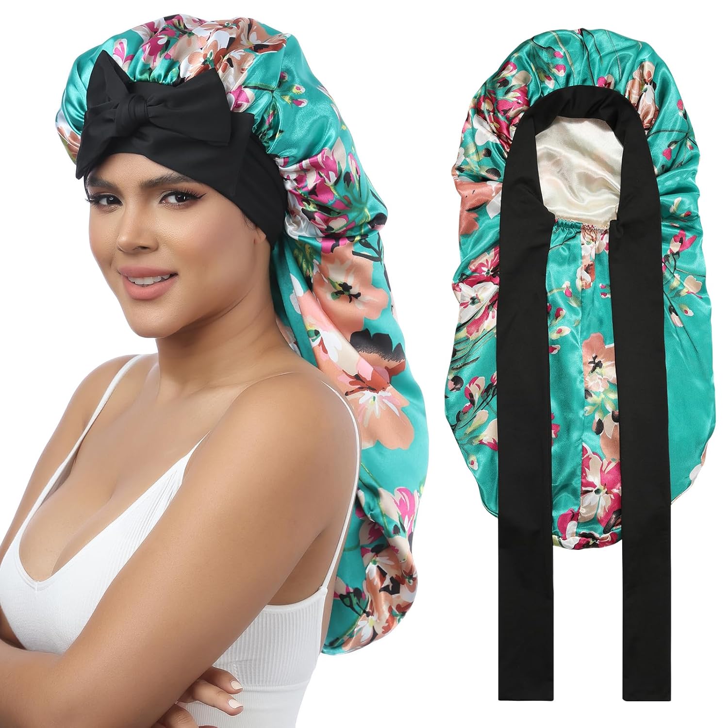 Buy now AWAYTR Long Satin Bonnet for Women - Double Layer Elastic Silk Bonnet for Braids Hair Sleeping Cap with Tie Band (Rose Gold) One Size Flower a at indiglob india